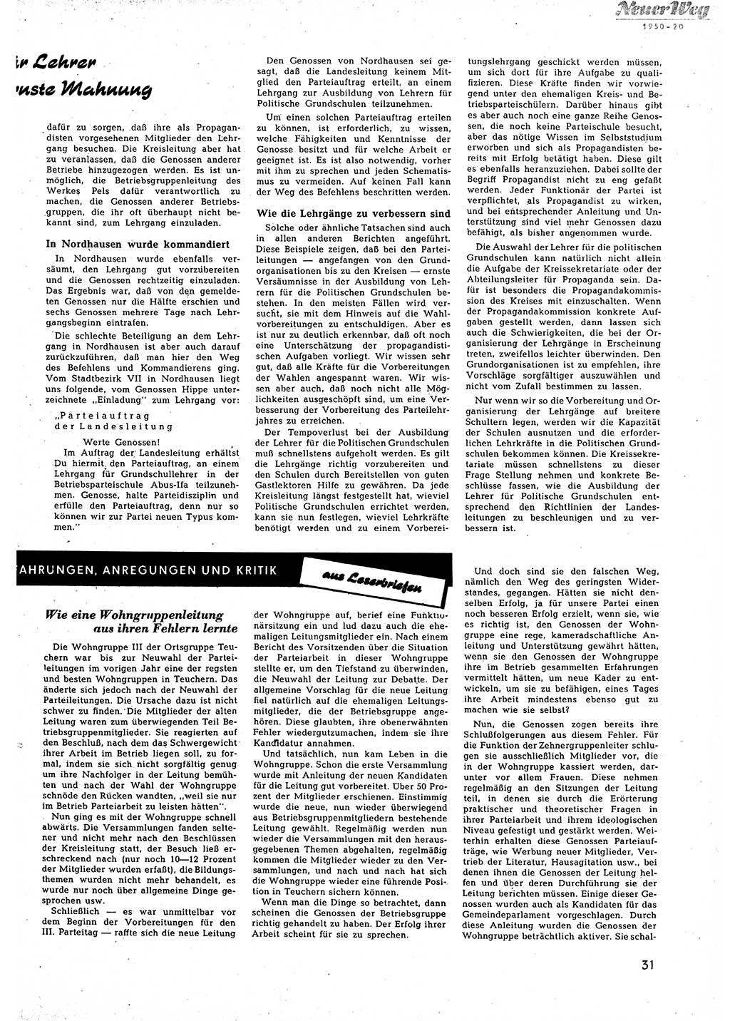 Neuer Weg (NW), Halbmonatsschrift für aktuelle Fragen der Arbeiterbewegung [Zentralkomitee (ZK) Sozialistische Einheitspartei Deutschlands (SED)], 5. Jahrgang [Deutsche Demokratische Republik (DDR)] 1950, Heft 20/31 (NW ZK SED DDR 1950, H. 20/31)