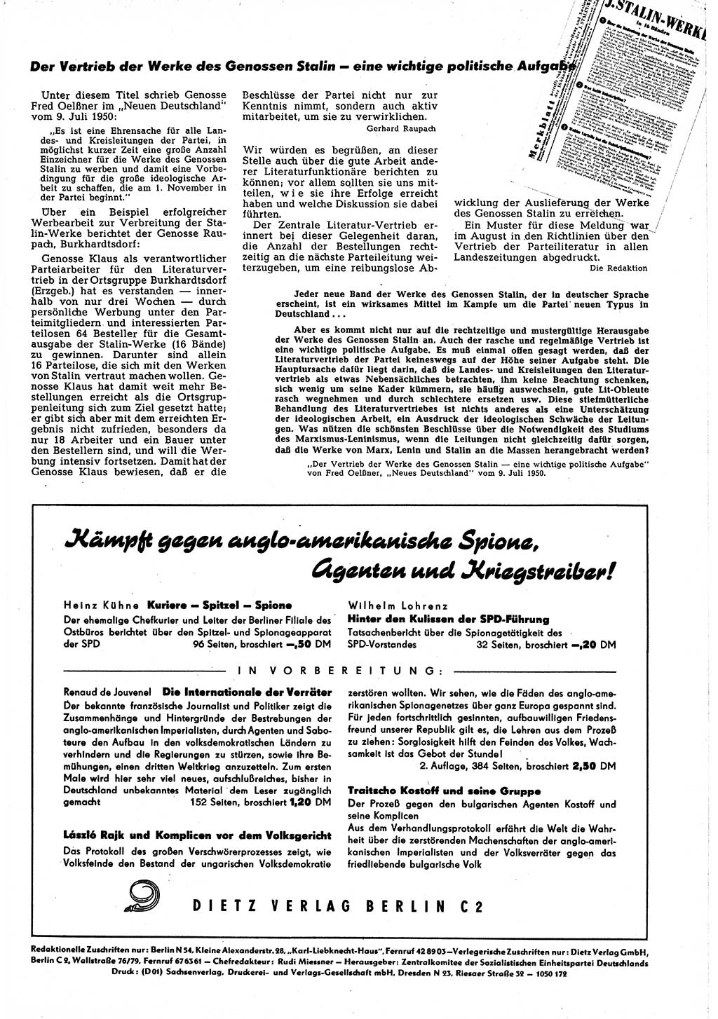 Neuer Weg (NW), Halbmonatsschrift für aktuelle Fragen der Arbeiterbewegung [Zentralkomitee (ZK) Sozialistische Einheitspartei Deutschlands (SED)], 5. Jahrgang [Deutsche Demokratische Republik (DDR)] 1950, Heft 20/33 (NW ZK SED DDR 1950, H. 20/33)