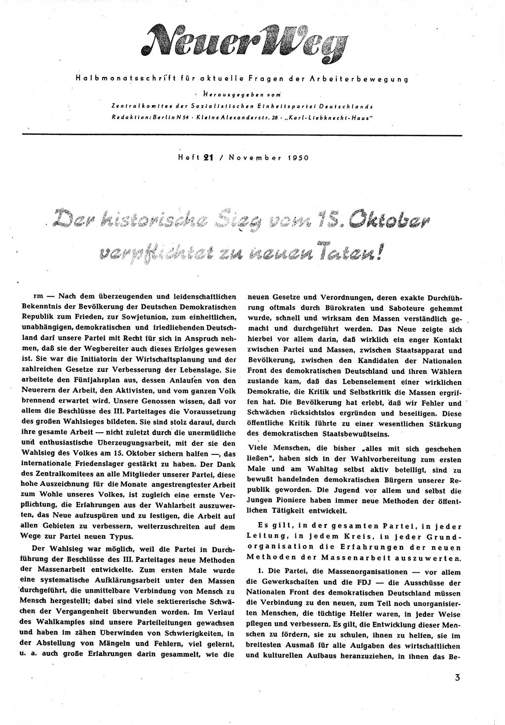 Neuer Weg (NW), Halbmonatsschrift für aktuelle Fragen der Arbeiterbewegung [Zentralkomitee (ZK) Sozialistische Einheitspartei Deutschlands (SED)], 5. Jahrgang [Deutsche Demokratische Republik (DDR)] 1950, Heft 21/3 (NW ZK SED DDR 1950, H. 21/3)