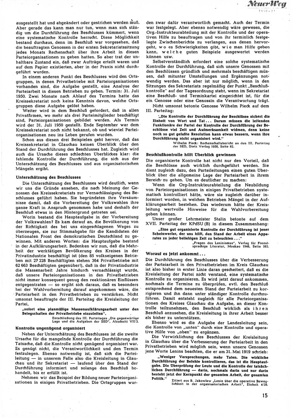 Neuer Weg (NW), Halbmonatsschrift für aktuelle Fragen der Arbeiterbewegung [Zentralkomitee (ZK) Sozialistische Einheitspartei Deutschlands (SED)], 5. Jahrgang [Deutsche Demokratische Republik (DDR)] 1950, Heft 21/15 (NW ZK SED DDR 1950, H. 21/15)