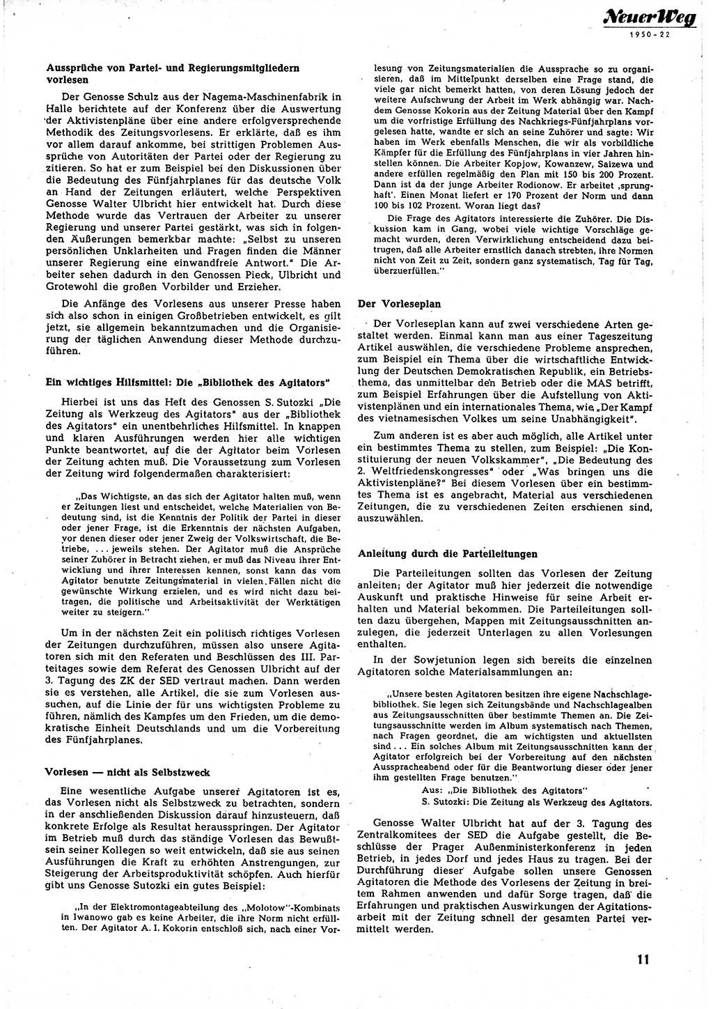 Neuer Weg (NW), Halbmonatsschrift für aktuelle Fragen der Arbeiterbewegung [Zentralkomitee (ZK) Sozialistische Einheitspartei Deutschlands (SED)], 5. Jahrgang [Deutsche Demokratische Republik (DDR)] 1950, Heft 22/11 (NW ZK SED DDR 1950, H. 22/11)