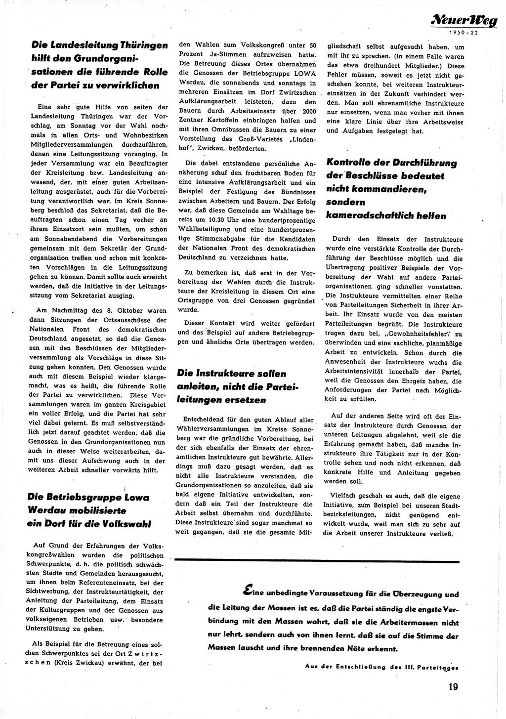 Neuer Weg (NW), Halbmonatsschrift für aktuelle Fragen der Arbeiterbewegung [Zentralkomitee (ZK) Sozialistische Einheitspartei Deutschlands (SED)], 5. Jahrgang [Deutsche Demokratische Republik (DDR)] 1950, Heft 22/19 (NW ZK SED DDR 1950, H. 22/19)