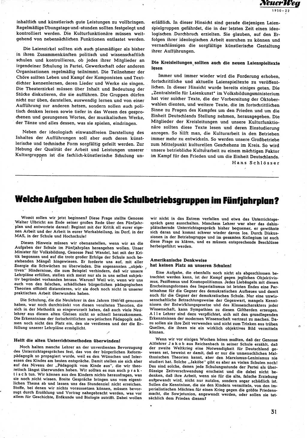 Neuer Weg (NW), Halbmonatsschrift für aktuelle Fragen der Arbeiterbewegung [Zentralkomitee (ZK) Sozialistische Einheitspartei Deutschlands (SED)], 5. Jahrgang [Deutsche Demokratische Republik (DDR)] 1950, Heft 22/31 (NW ZK SED DDR 1950, H. 22/31)