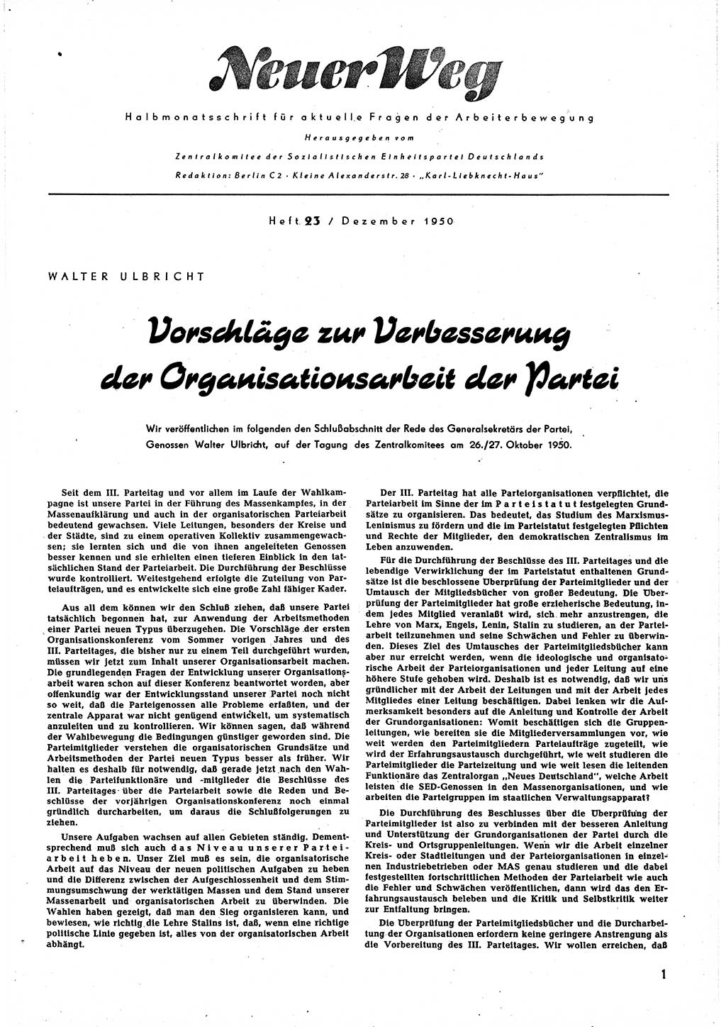 Neuer Weg (NW), Halbmonatsschrift für aktuelle Fragen der Arbeiterbewegung [Zentralkomitee (ZK) Sozialistische Einheitspartei Deutschlands (SED)], 5. Jahrgang [Deutsche Demokratische Republik (DDR)] 1950, Heft 23/1 (NW ZK SED DDR 1950, H. 23/1)