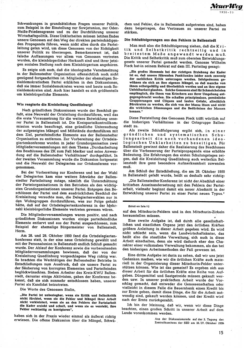 Neuer Weg (NW), Halbmonatsschrift für aktuelle Fragen der Arbeiterbewegung [Zentralkomitee (ZK) Sozialistische Einheitspartei Deutschlands (SED)], 5. Jahrgang [Deutsche Demokratische Republik (DDR)] 1950, Heft 23/15 (NW ZK SED DDR 1950, H. 23/15)