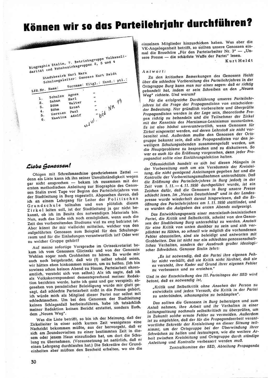 Neuer Weg (NW), Halbmonatsschrift für aktuelle Fragen der Arbeiterbewegung [Zentralkomitee (ZK) Sozialistische Einheitspartei Deutschlands (SED)], 5. Jahrgang [Deutsche Demokratische Republik (DDR)] 1950, Heft 23/30 (NW ZK SED DDR 1950, H. 23/30)