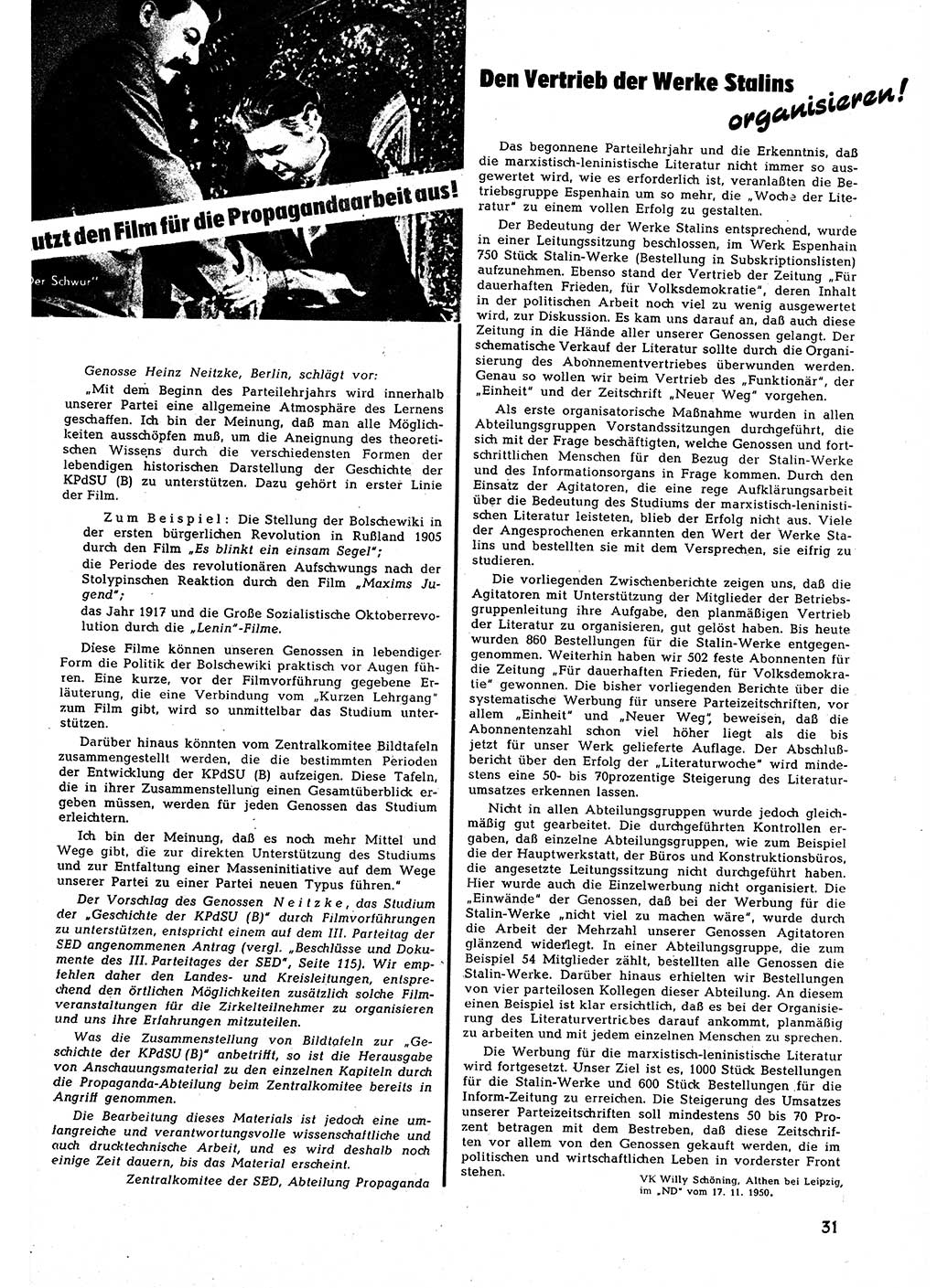 Neuer Weg (NW), Halbmonatsschrift für aktuelle Fragen der Arbeiterbewegung [Zentralkomitee (ZK) Sozialistische Einheitspartei Deutschlands (SED)], 5. Jahrgang [Deutsche Demokratische Republik (DDR)] 1950, Heft 23/31 (NW ZK SED DDR 1950, H. 23/31)