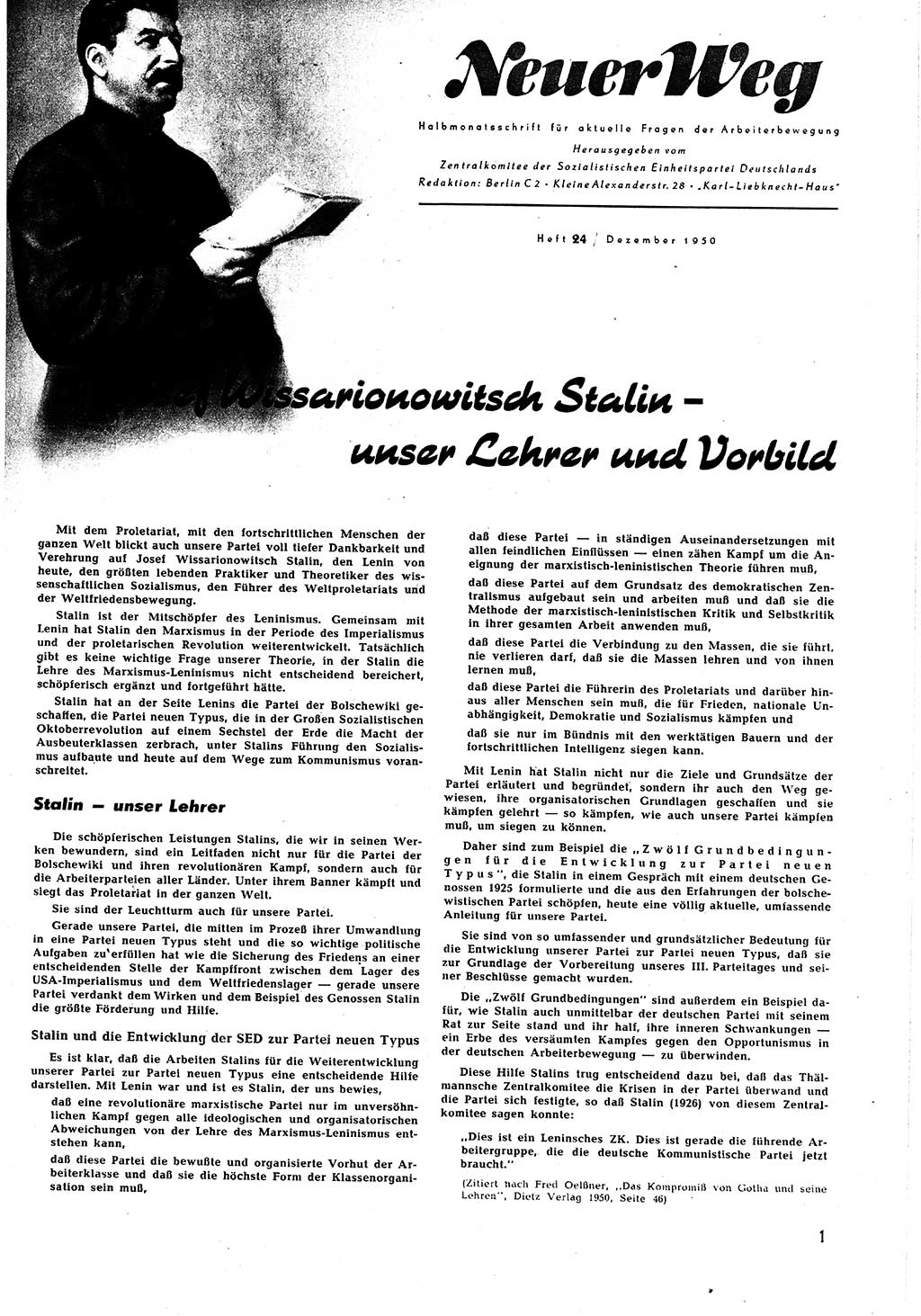 Neuer Weg (NW), Halbmonatsschrift für aktuelle Fragen der Arbeiterbewegung [Zentralkomitee (ZK) Sozialistische Einheitspartei Deutschlands (SED)], 5. Jahrgang [Deutsche Demokratische Republik (DDR)] 1950, Heft 24/1 (NW ZK SED DDR 1950, H. 24/1)