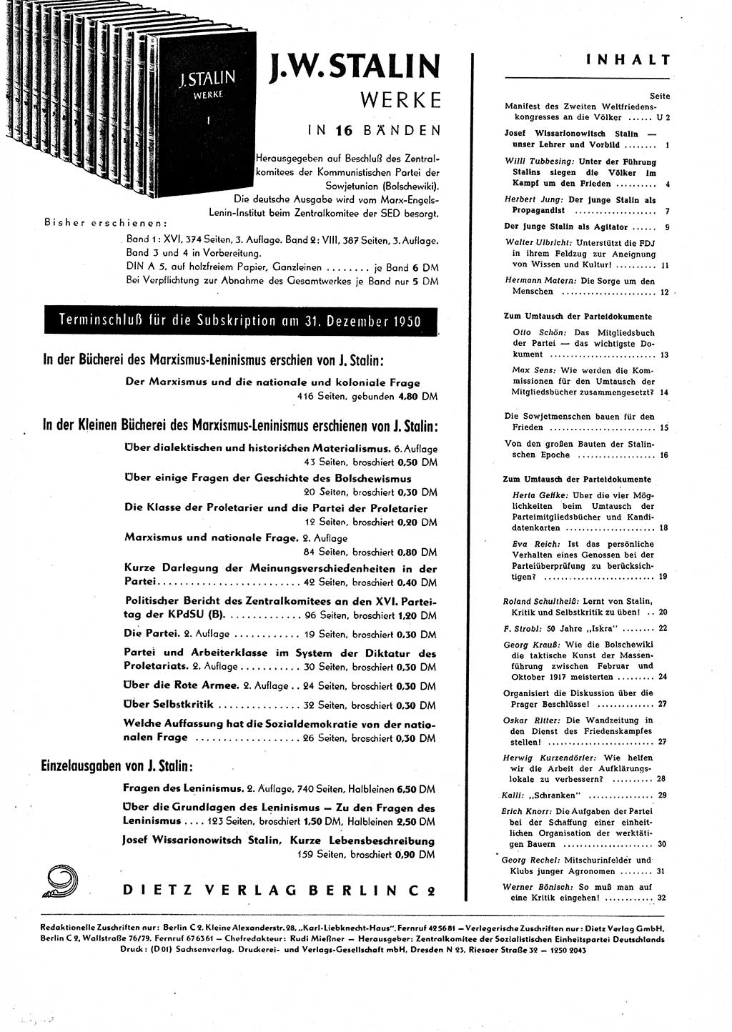 Neuer Weg (NW), Halbmonatsschrift für aktuelle Fragen der Arbeiterbewegung [Zentralkomitee (ZK) Sozialistische Einheitspartei Deutschlands (SED)], 5. Jahrgang [Deutsche Demokratische Republik (DDR)] 1950, Heft 24/33 (NW ZK SED DDR 1950, H. 24/33)