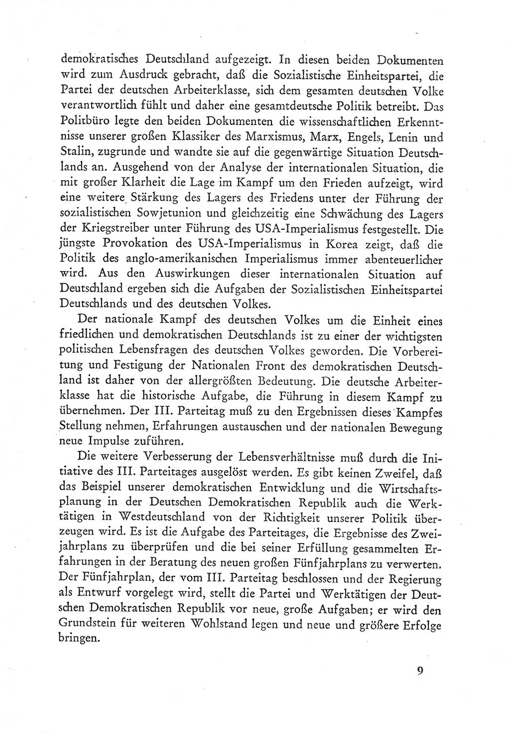 Protokoll der Verhandlungen des Ⅲ. Parteitages der Sozialistischen Einheitspartei Deutschlands (SED) [Deutsche Demokratische Republik (DDR)] 1950, Band 1, Seite 9 (Prot. Verh. Ⅲ. PT SED DDR 1950, Bd. 1, S. 9)