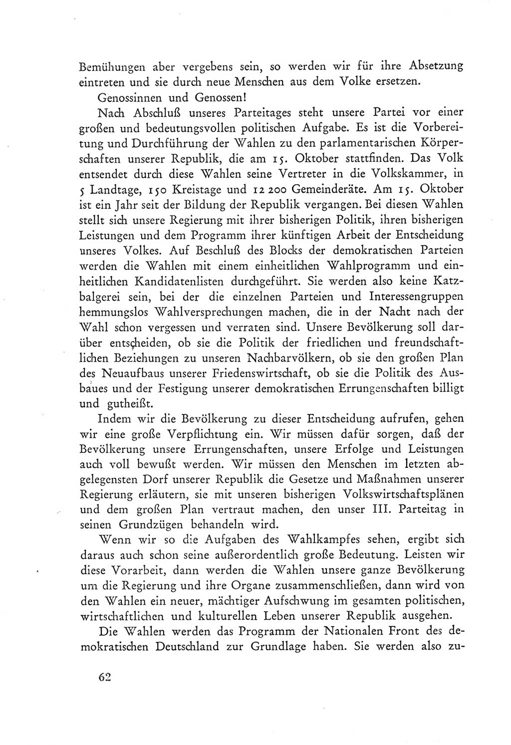 Protokoll der Verhandlungen des Ⅲ. Parteitages der Sozialistischen Einheitspartei Deutschlands (SED) [Deutsche Demokratische Republik (DDR)] 1950, Band 1, Seite 62 (Prot. Verh. Ⅲ. PT SED DDR 1950, Bd. 1, S. 62)