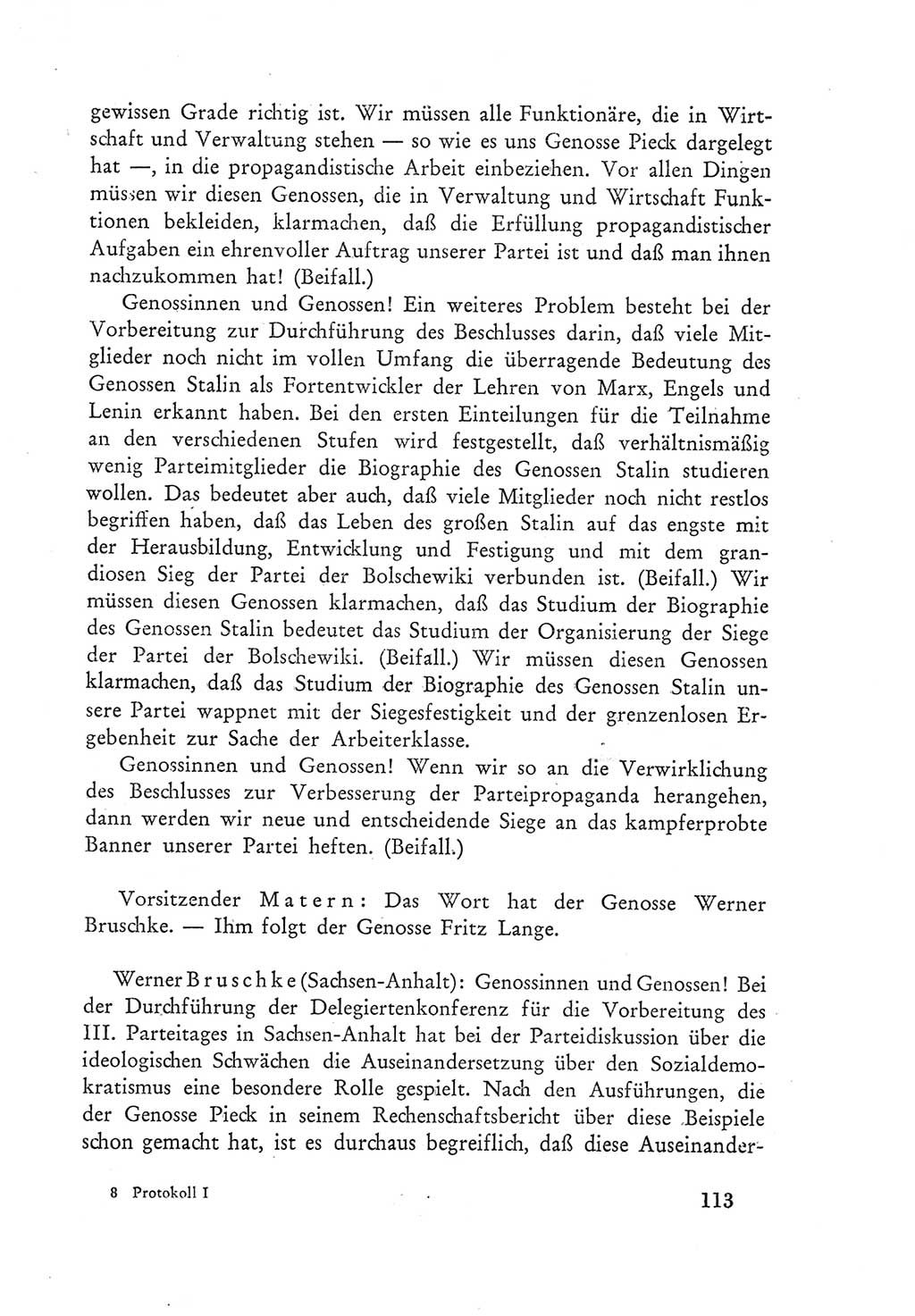 Protokoll der Verhandlungen des Ⅲ. Parteitages der Sozialistischen Einheitspartei Deutschlands (SED) [Deutsche Demokratische Republik (DDR)] 1950, Band 1, Seite 113 (Prot. Verh. Ⅲ. PT SED DDR 1950, Bd. 1, S. 113)