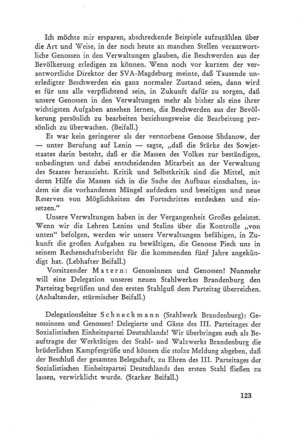 Protokoll der Verhandlungen des Ⅲ. Parteitages der Sozialistischen Einheitspartei Deutschlands (SED) [Deutsche Demokratische Republik (DDR)] 1950, Band 1, Seite 123 (Prot. Verh. Ⅲ. PT SED DDR 1950, Bd. 1, S. 123)