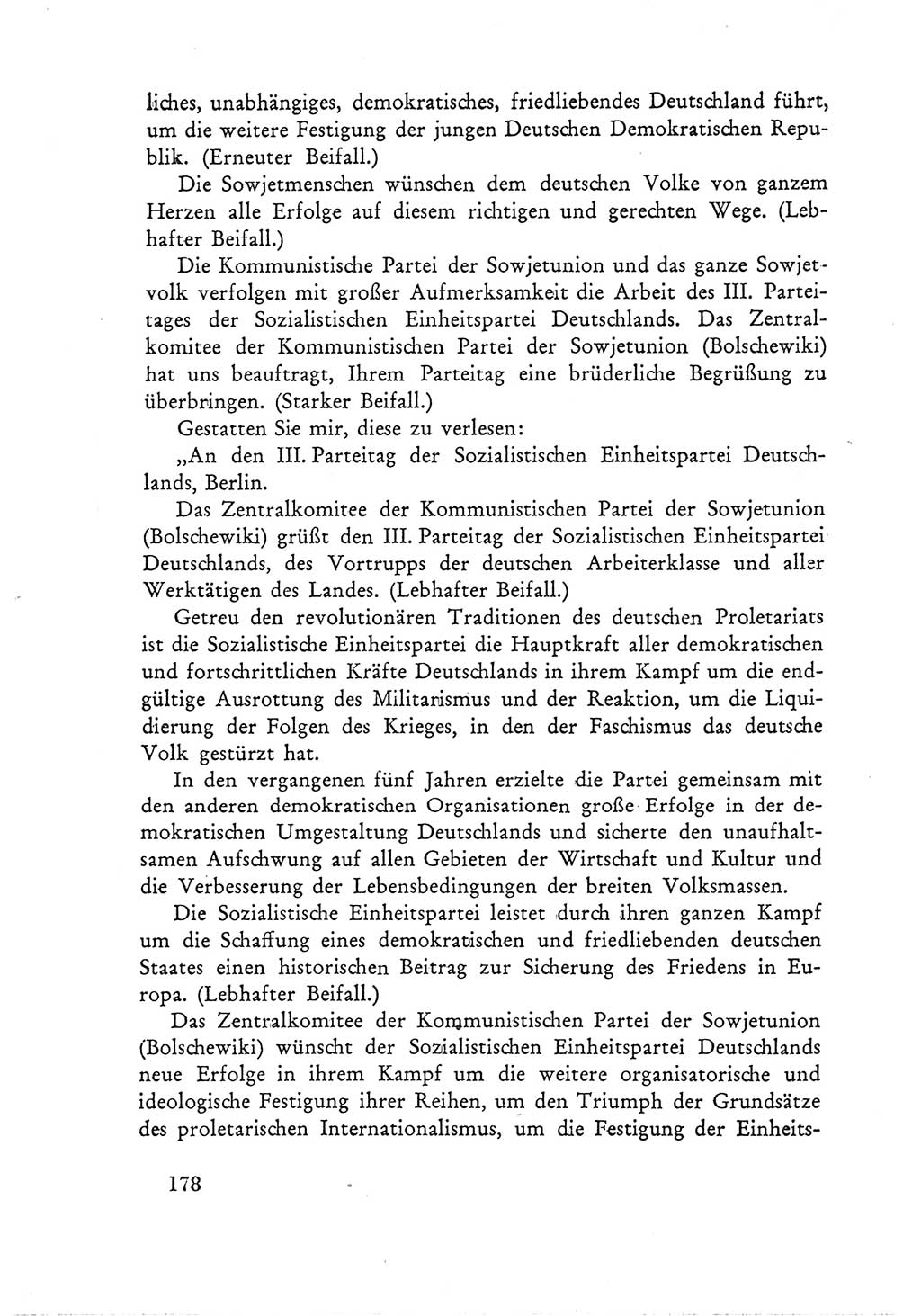 Protokoll der Verhandlungen des Ⅲ. Parteitages der Sozialistischen Einheitspartei Deutschlands (SED) [Deutsche Demokratische Republik (DDR)] 1950, Band 1, Seite 178 (Prot. Verh. Ⅲ. PT SED DDR 1950, Bd. 1, S. 178)