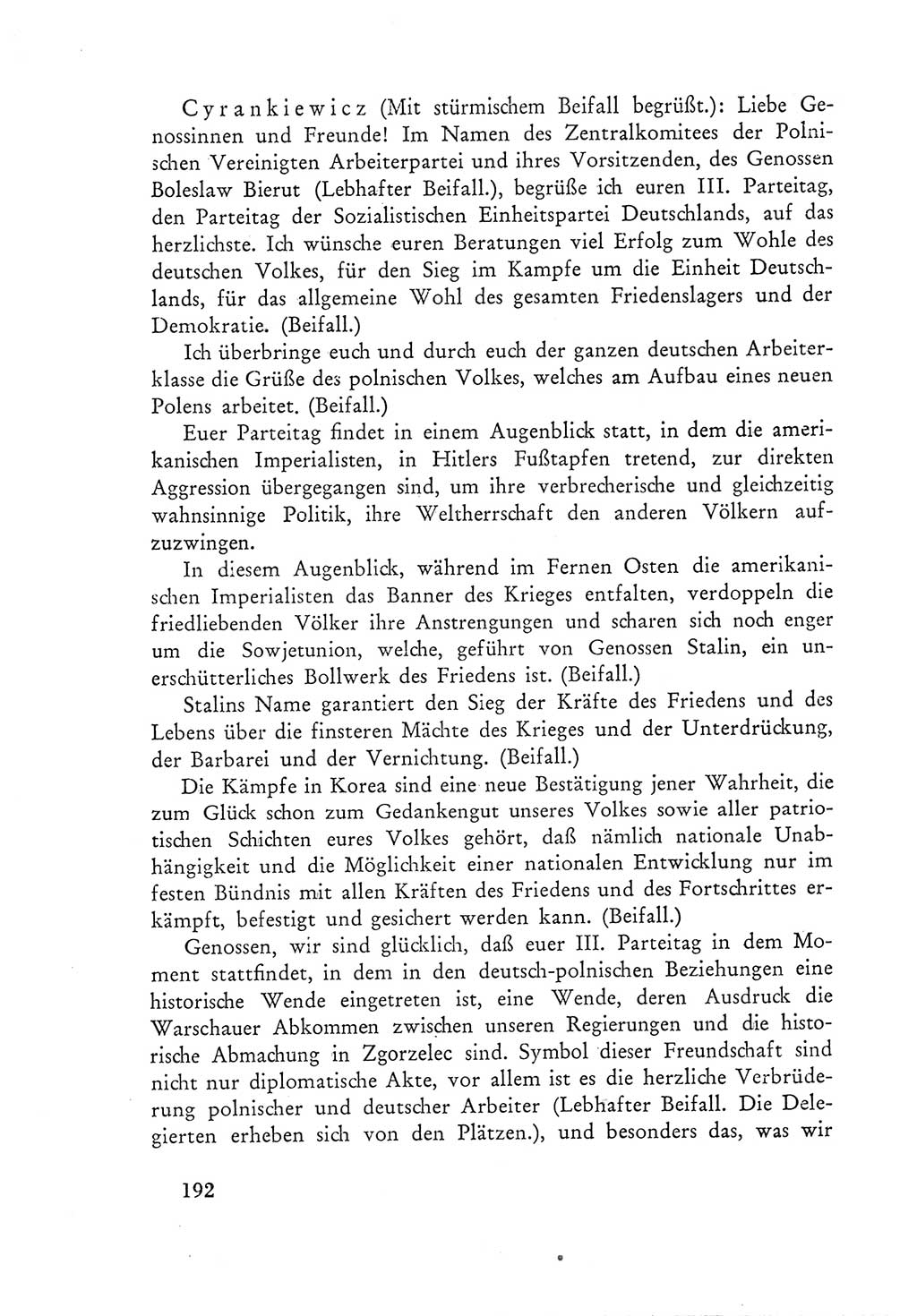 Protokoll der Verhandlungen des Ⅲ. Parteitages der Sozialistischen Einheitspartei Deutschlands (SED) [Deutsche Demokratische Republik (DDR)] 1950, Band 1, Seite 192 (Prot. Verh. Ⅲ. PT SED DDR 1950, Bd. 1, S. 192)