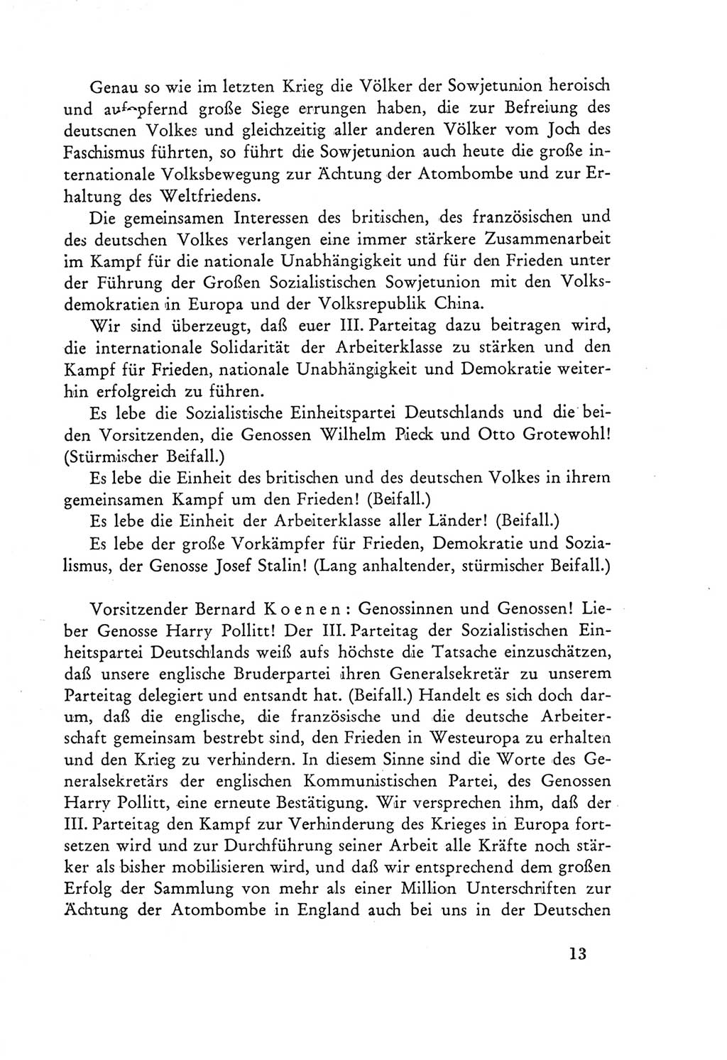 Protokoll der Verhandlungen des Ⅲ. Parteitages der Sozialistischen Einheitspartei Deutschlands (SED) [Deutsche Demokratische Republik (DDR)] 1950, Band 2, Seite 13 (Prot. Verh. Ⅲ. PT SED DDR 1950, Bd. 2, S. 13)