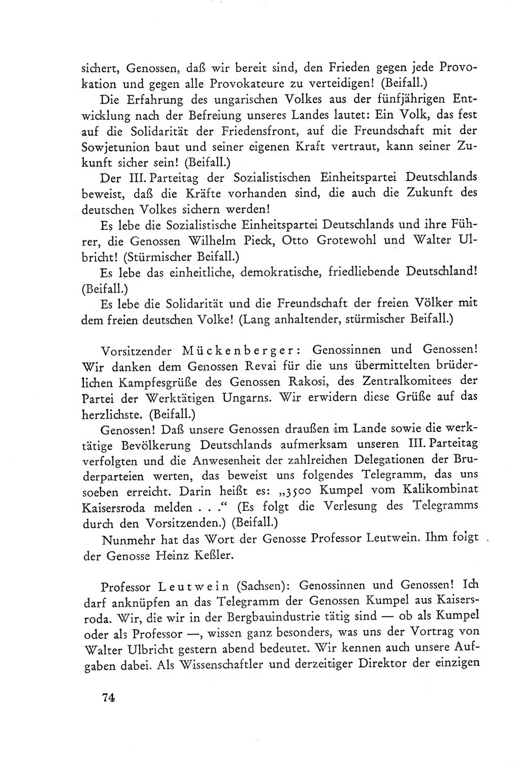 Protokoll der Verhandlungen des Ⅲ. Parteitages der Sozialistischen Einheitspartei Deutschlands (SED) [Deutsche Demokratische Republik (DDR)] 1950, Band 2, Seite 74 (Prot. Verh. Ⅲ. PT SED DDR 1950, Bd. 2, S. 74)