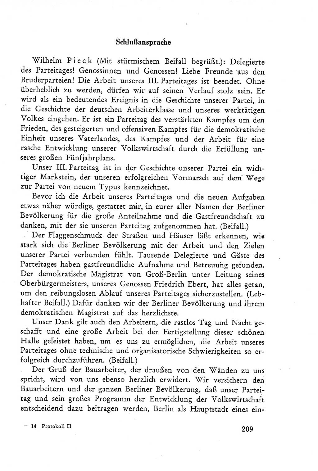 Protokoll der Verhandlungen des Ⅲ. Parteitages der Sozialistischen Einheitspartei Deutschlands (SED) [Deutsche Demokratische Republik (DDR)] 1950, Band 2, Seite 209 (Prot. Verh. Ⅲ. PT SED DDR 1950, Bd. 2, S. 209)