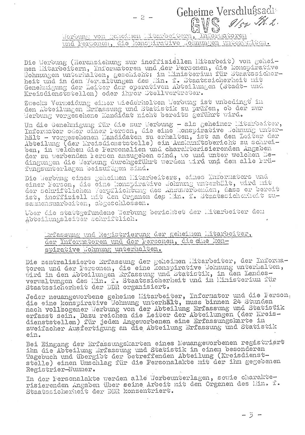 Richtlinien über die Erfassung der geheimen Mitarbeiter, der Informatoren und der Personen, die konspirative Wohnungen unterhalten, Deutsche Demokratische Republik (DDR), Ministerium für Staatssicherheit (MfS), Geheime Verschlußsache (GVS) 9/50, Berlin 1950, Blatt 2 (RL DDR MfS GVS 9/50 1950, Bl. 2)