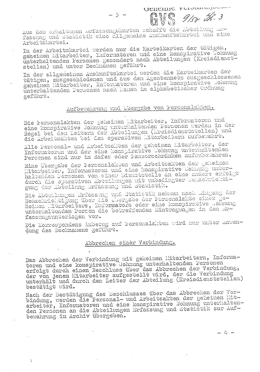 Richtlinien über die Erfassung der geheimen Mitarbeiter, der Informatoren und der Personen, die konspirative Wohnungen unterhalten, Deutsche Demokratische Republik (DDR), Ministerium für Staatssicherheit (MfS), Geheime Verschlußsache (GVS) 9/50, Berlin 1950, Blatt 3 (RL DDR MfS GVS 9/50 1950, Bl. 3)