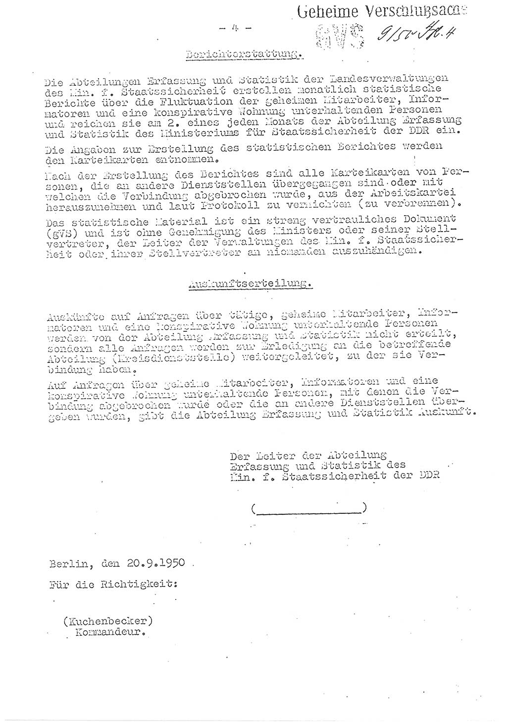 Richtlinien über die Erfassung der geheimen Mitarbeiter, der Informatoren und der Personen, die konspirative Wohnungen unterhalten, Deutsche Demokratische Republik (DDR), Ministerium für Staatssicherheit (MfS), Geheime Verschlußsache (GVS) 9/50, Berlin 1950, Blatt 4 (RL DDR MfS GVS 9/50 1950, Bl. 4)