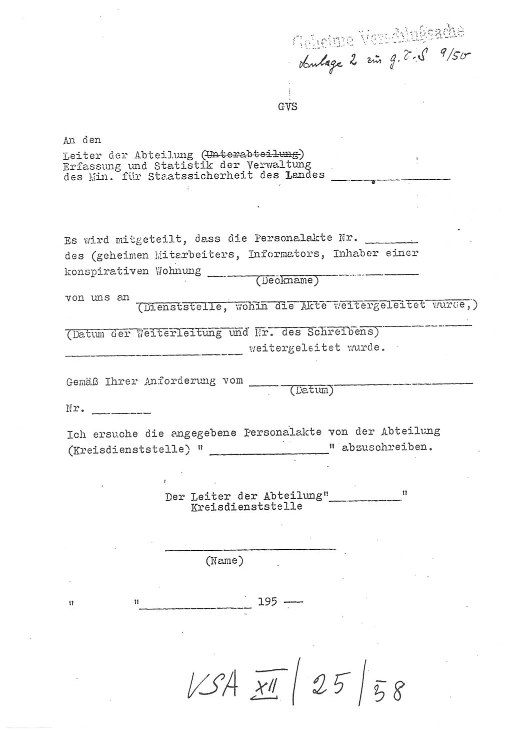 Richtlinien über die Erfassung der geheimen Mitarbeiter, der Informatoren und der Personen, die konspirative Wohnungen unterhalten, Deutsche Demokratische Republik (DDR), Ministerium für Staatssicherheit (MfS), Geheime Verschlußsache (GVS) 9/50, Berlin 1950, Blatt 6 (RL DDR MfS GVS 9/50 1950, Bl. 6)