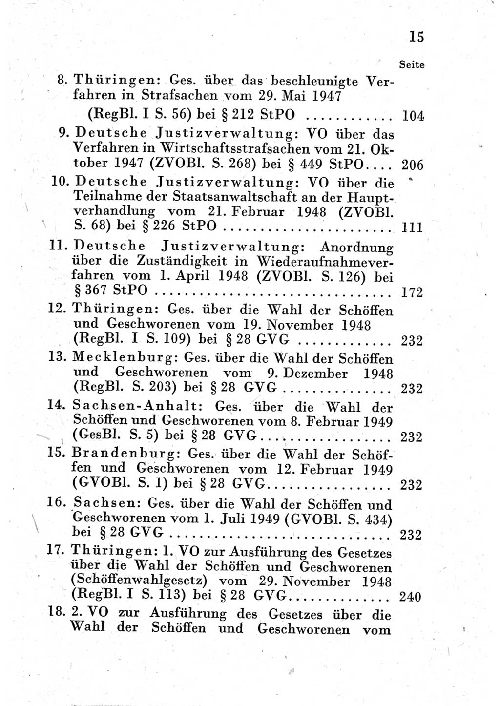 Strafprozeßordnung (StPO), Gerichtsverfassungsgesetz (GVG) und zahlreiche Nebengesetze der Deutschen Demokratischen Republik (DDR) 1950, Seite 15 (StPO GVG Ges. DDR 1950, S. 15)