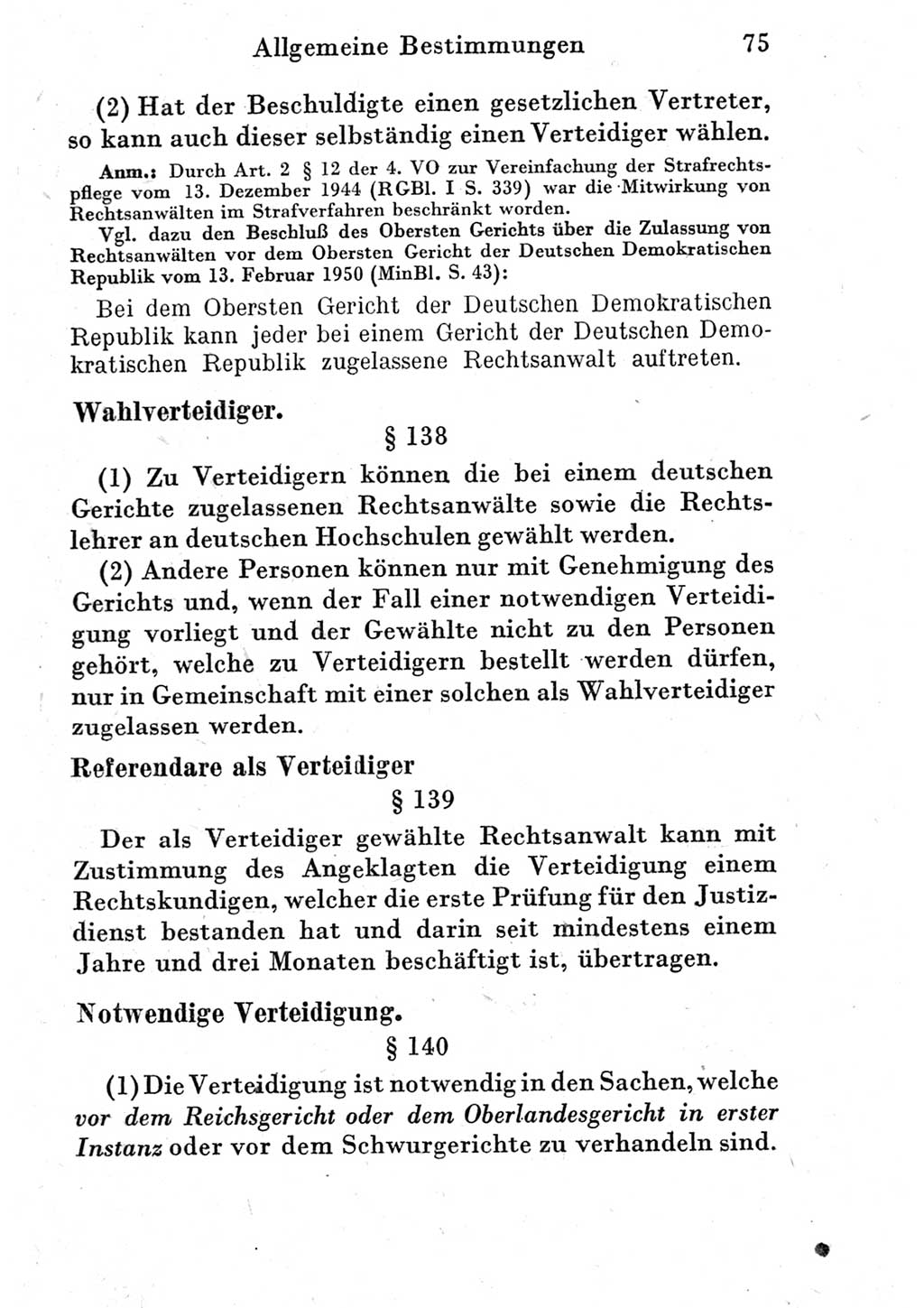 Strafprozeßordnung (StPO), Gerichtsverfassungsgesetz (GVG) und zahlreiche Nebengesetze der Deutschen Demokratischen Republik (DDR) 1950, Seite 75 (StPO GVG Ges. DDR 1950, S. 75)