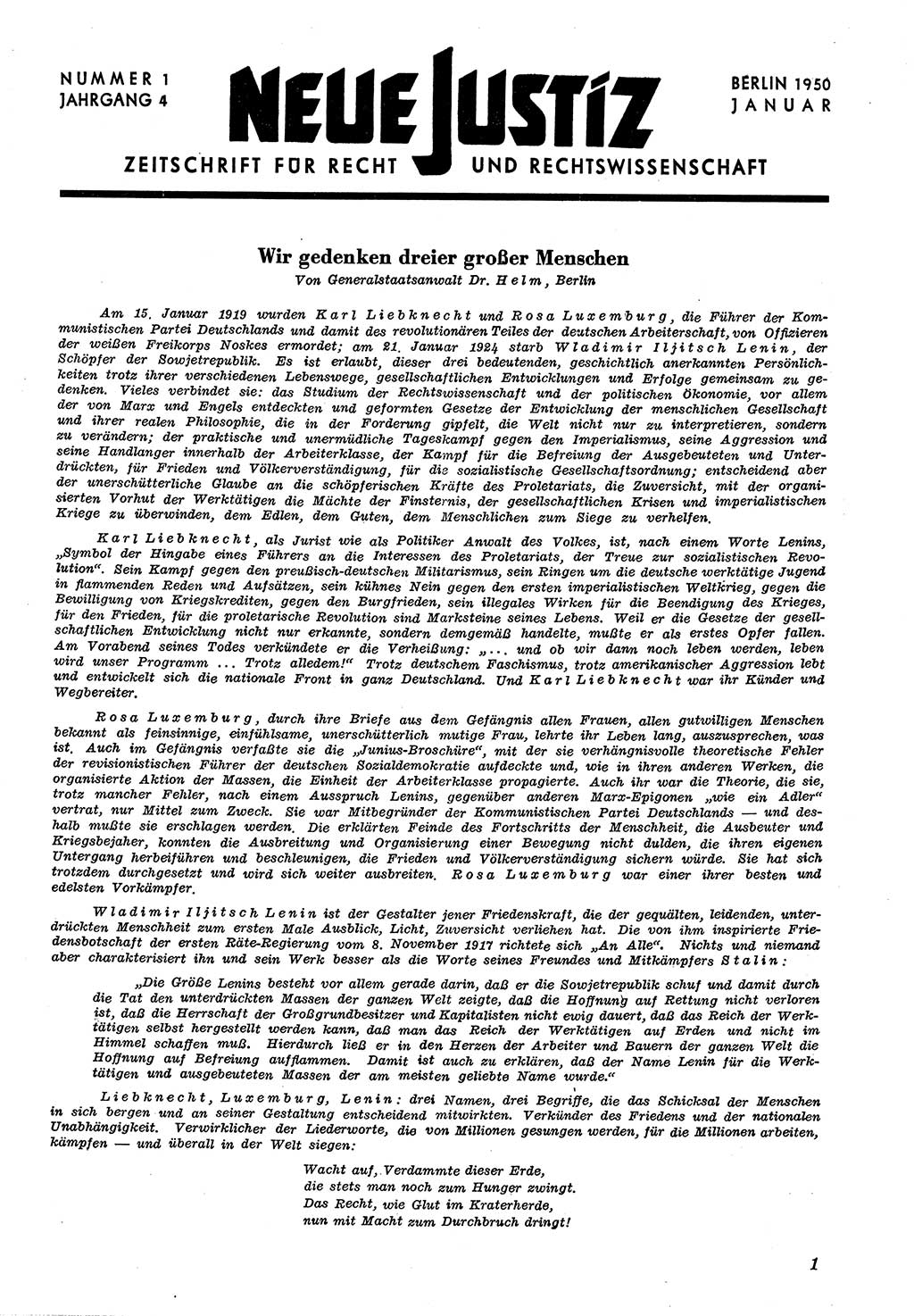 Neue Justiz (NJ), Zeitschrift für Recht und Rechtswissenschaft [Deutsche Demokratische Republik (DDR)], 4. Jahrgang 1950, Seite 1 (NJ DDR 1950, S. 1)