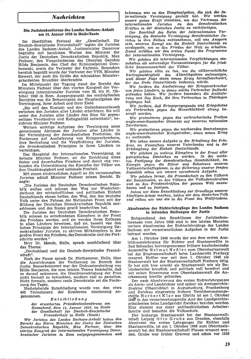 Neue Justiz (NJ), Zeitschrift für Recht und Rechtswissenschaft [Deutsche Demokratische Republik (DDR)], 4. Jahrgang 1950, Seite 19 (NJ DDR 1950, S. 19)