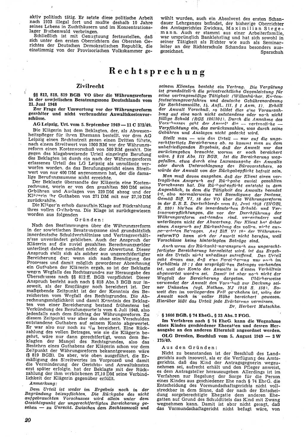 Neue Justiz (NJ), Zeitschrift für Recht und Rechtswissenschaft [Deutsche Demokratische Republik (DDR)], 4. Jahrgang 1950, Seite 20 (NJ DDR 1950, S. 20)