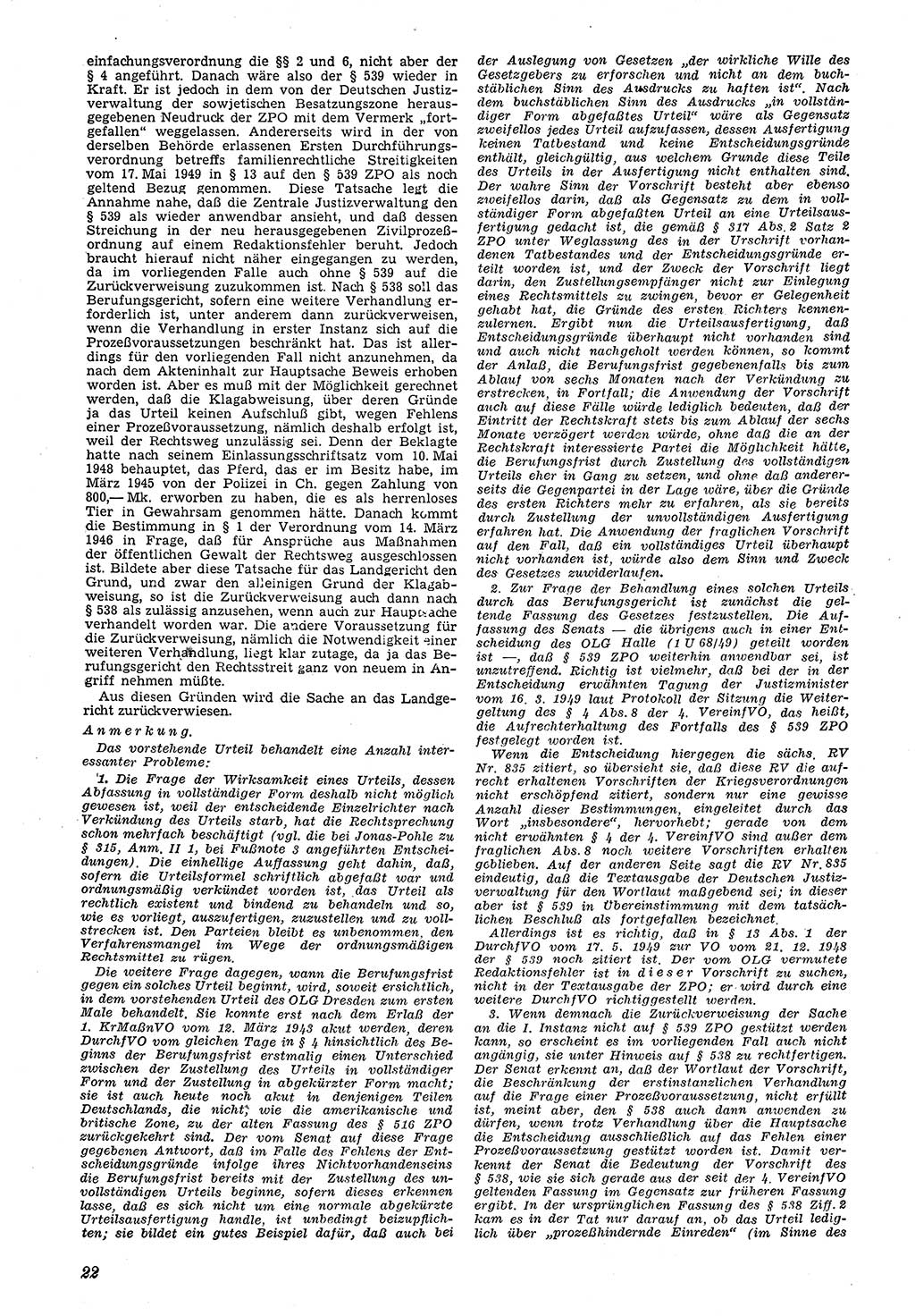 Neue Justiz (NJ), Zeitschrift für Recht und Rechtswissenschaft [Deutsche Demokratische Republik (DDR)], 4. Jahrgang 1950, Seite 22 (NJ DDR 1950, S. 22)