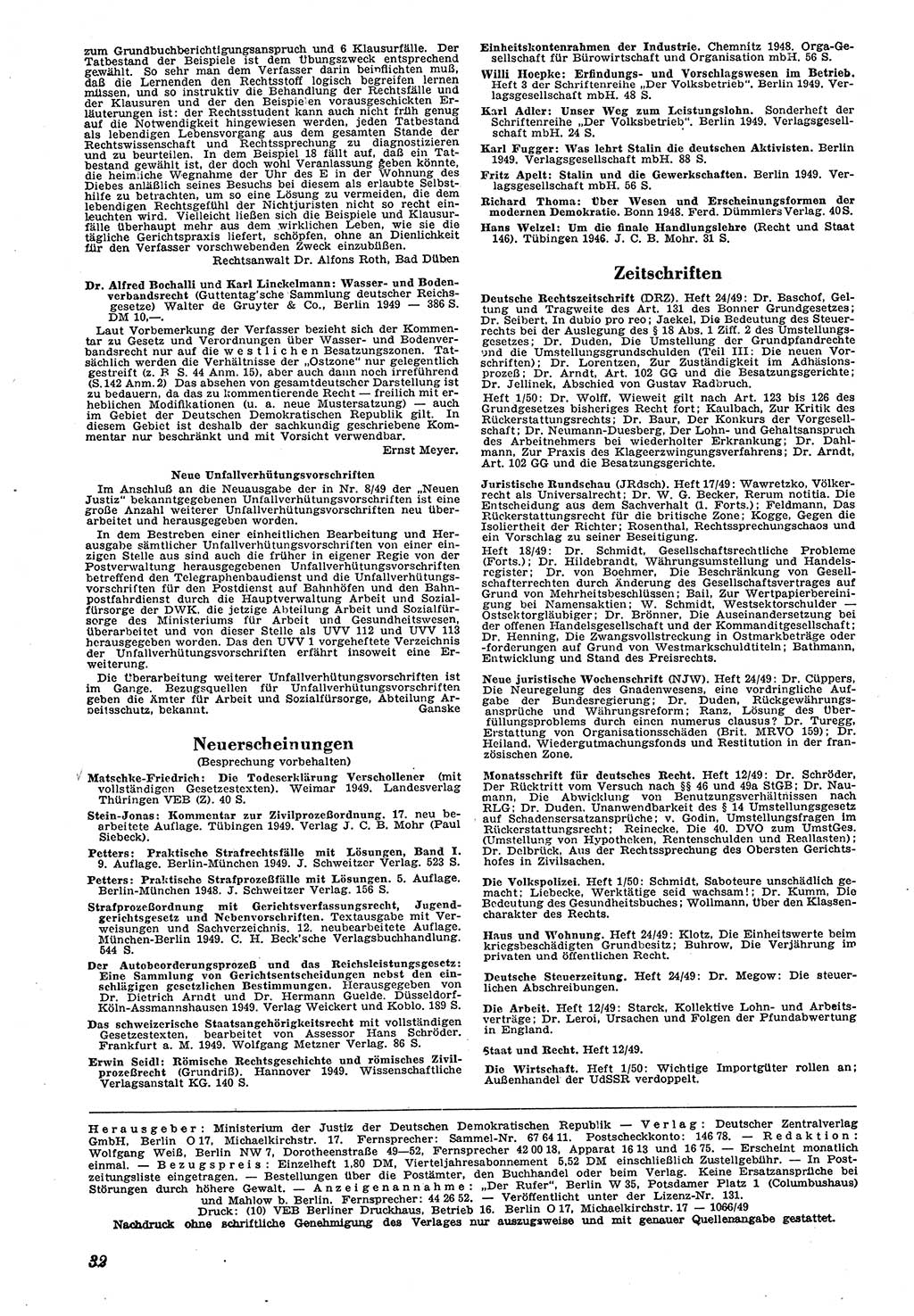 Neue Justiz (NJ), Zeitschrift für Recht und Rechtswissenschaft [Deutsche Demokratische Republik (DDR)], 4. Jahrgang 1950, Seite 32 (NJ DDR 1950, S. 32)