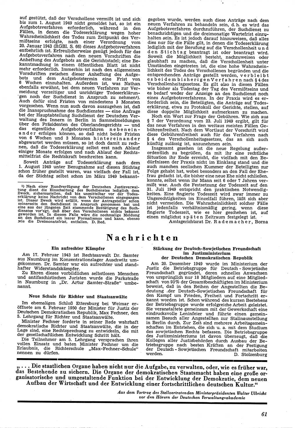 Neue Justiz (NJ), Zeitschrift für Recht und Rechtswissenschaft [Deutsche Demokratische Republik (DDR)], 4. Jahrgang 1950, Seite 61 (NJ DDR 1950, S. 61)