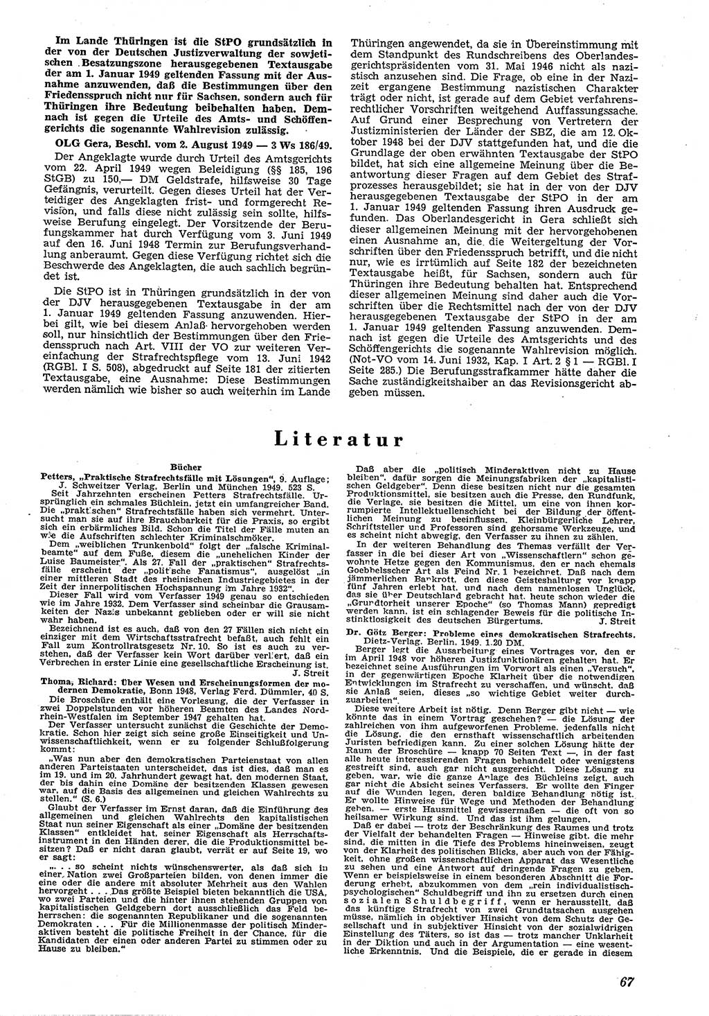 Neue Justiz (NJ), Zeitschrift für Recht und Rechtswissenschaft [Deutsche Demokratische Republik (DDR)], 4. Jahrgang 1950, Seite 67 (NJ DDR 1950, S. 67)