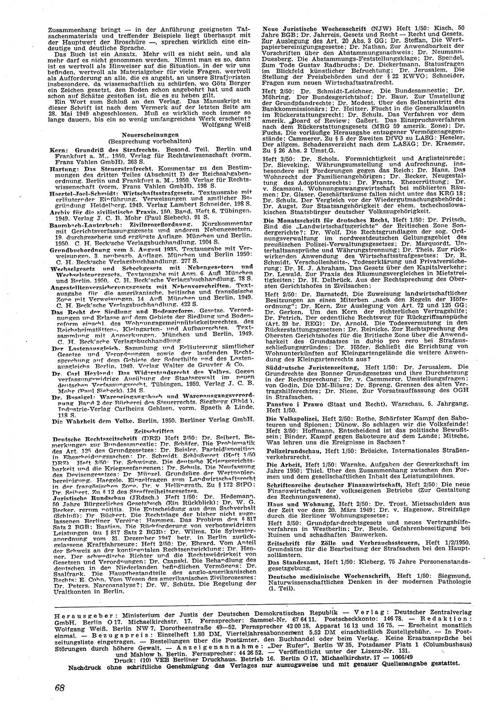 Neue Justiz (NJ), Zeitschrift für Recht und Rechtswissenschaft [Deutsche Demokratische Republik (DDR)], 4. Jahrgang 1950, Seite 68 (NJ DDR 1950, S. 68)