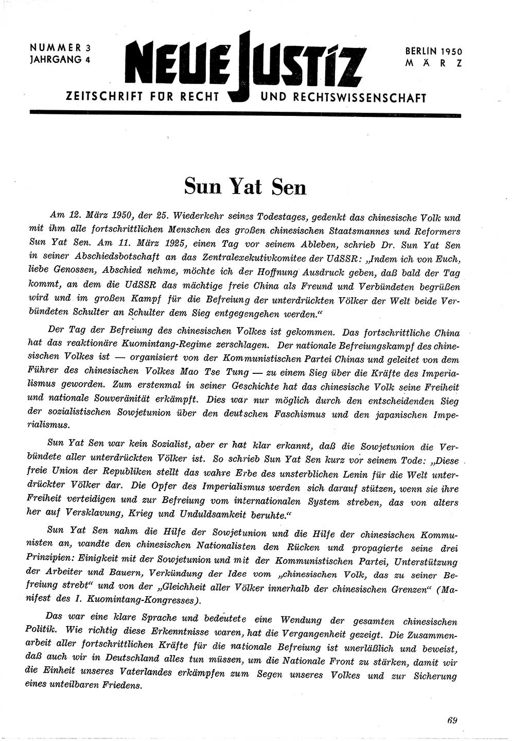 Neue Justiz (NJ), Zeitschrift für Recht und Rechtswissenschaft [Deutsche Demokratische Republik (DDR)], 4. Jahrgang 1950, Seite 69 (NJ DDR 1950, S. 69)