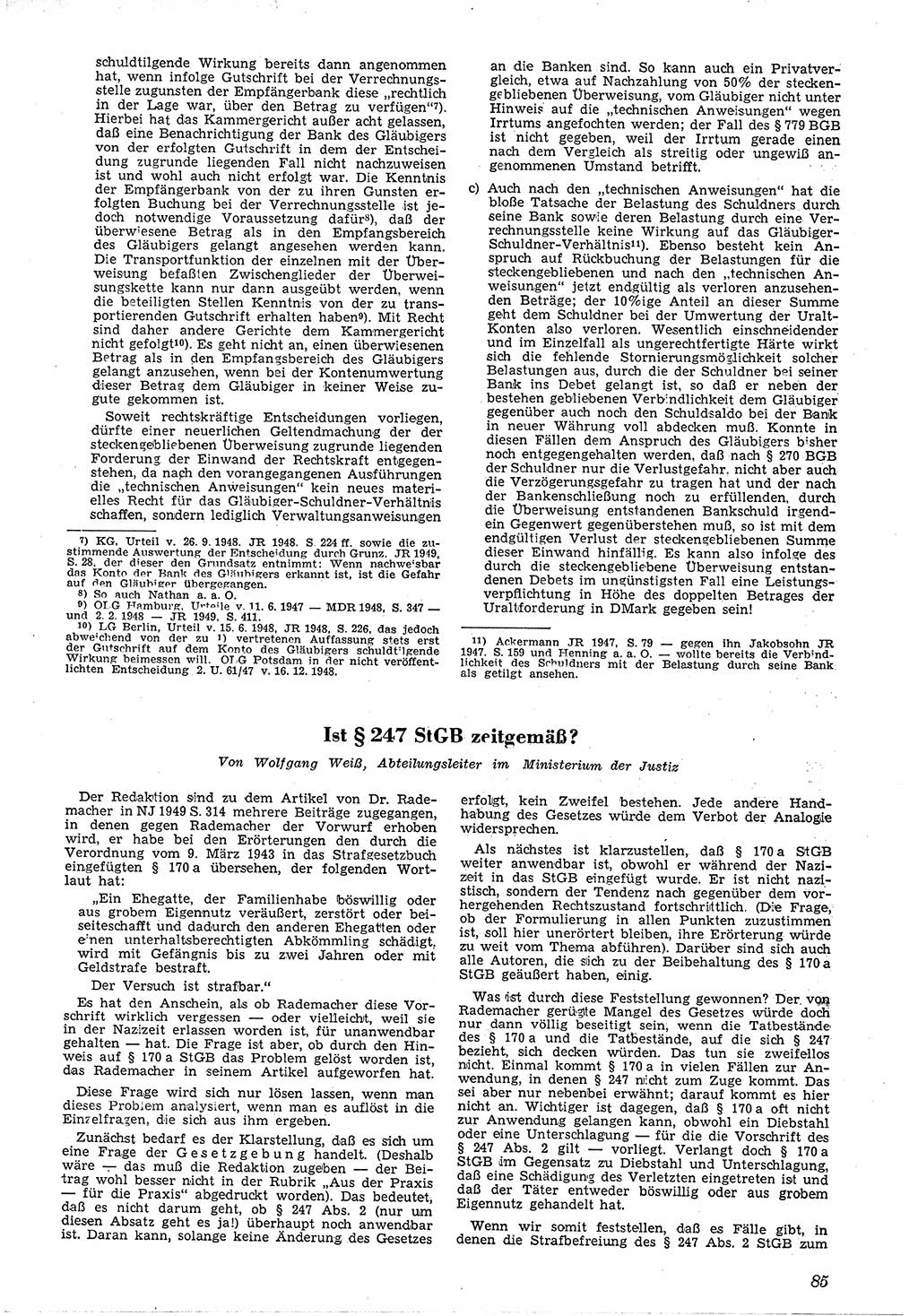 Neue Justiz (NJ), Zeitschrift für Recht und Rechtswissenschaft [Deutsche Demokratische Republik (DDR)], 4. Jahrgang 1950, Seite 85 (NJ DDR 1950, S. 85)