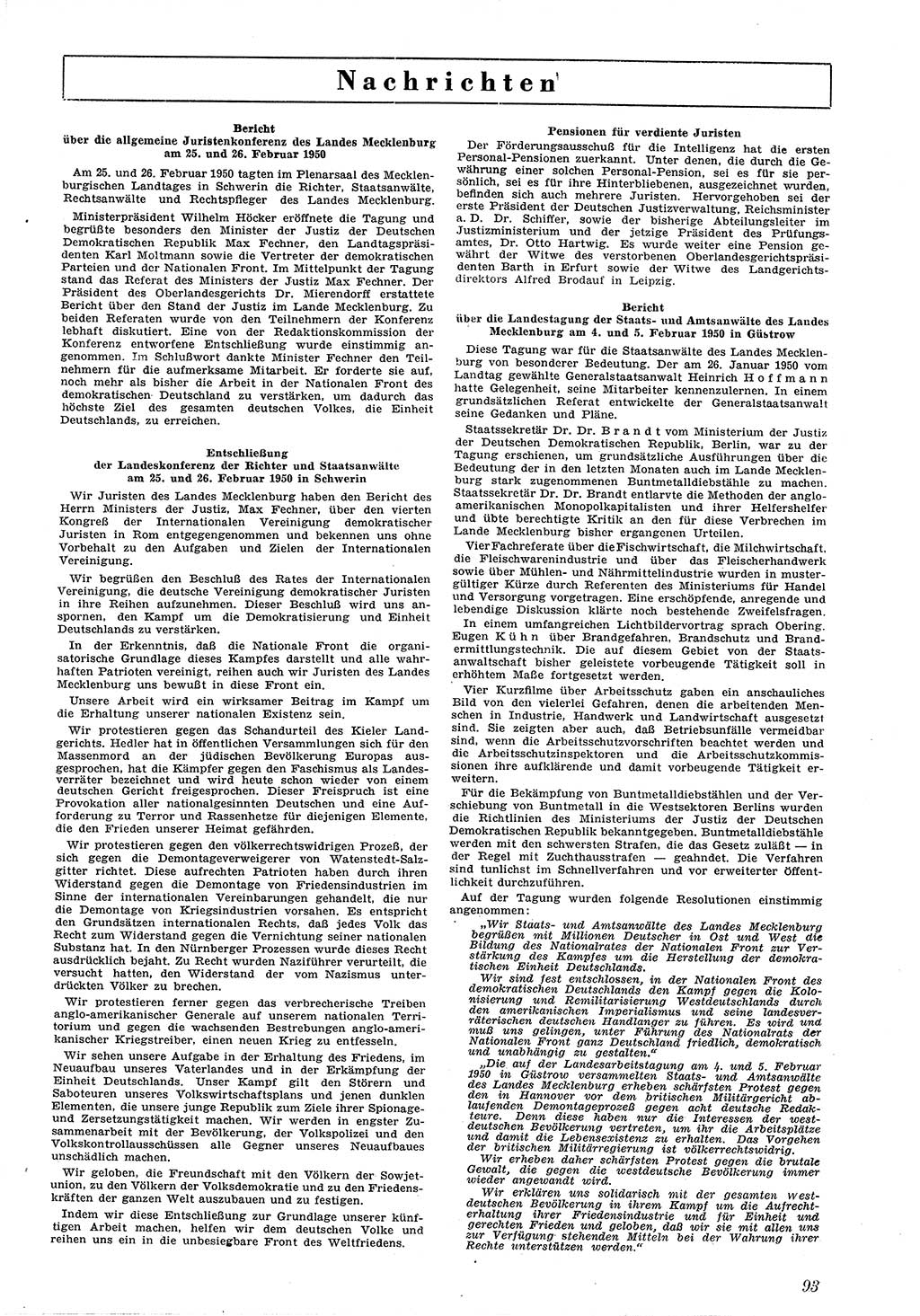 Neue Justiz (NJ), Zeitschrift für Recht und Rechtswissenschaft [Deutsche Demokratische Republik (DDR)], 4. Jahrgang 1950, Seite 93 (NJ DDR 1950, S. 93)