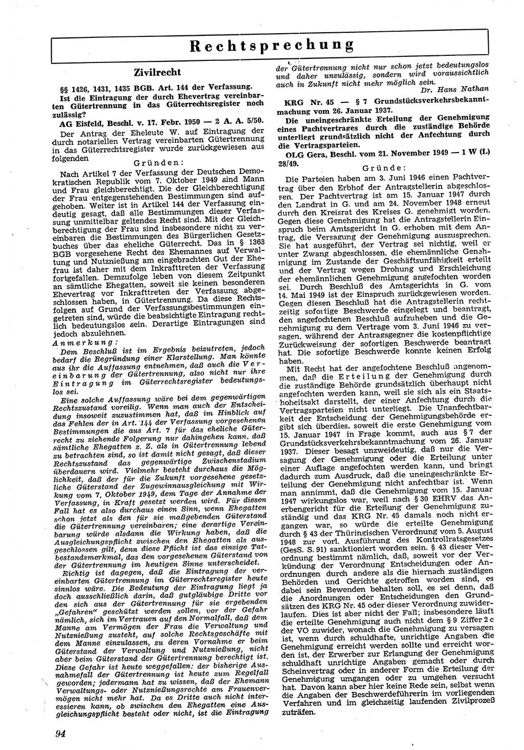 Neue Justiz (NJ), Zeitschrift für Recht und Rechtswissenschaft [Deutsche Demokratische Republik (DDR)], 4. Jahrgang 1950, Seite 94 (NJ DDR 1950, S. 94)