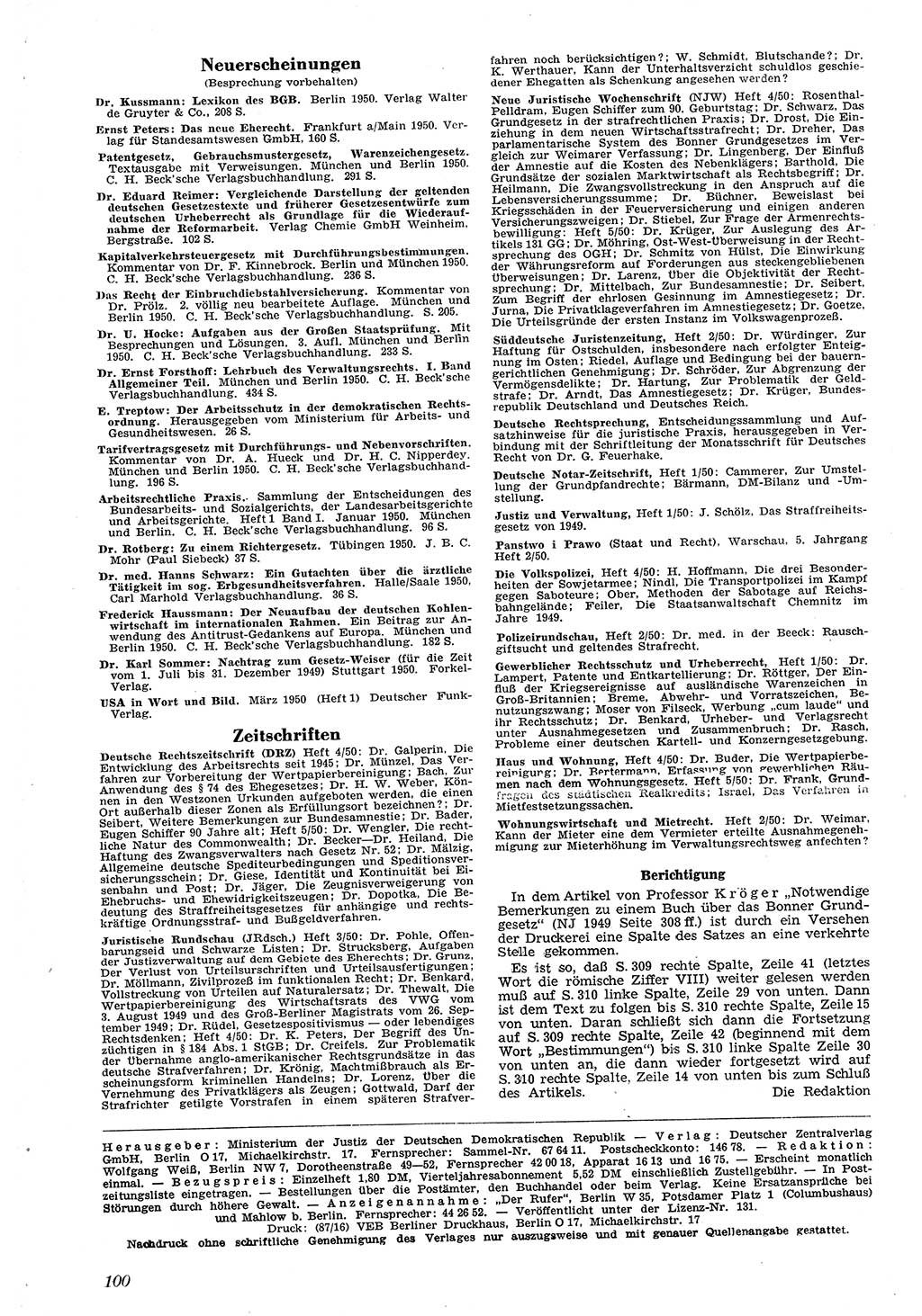 Neue Justiz (NJ), Zeitschrift für Recht und Rechtswissenschaft [Deutsche Demokratische Republik (DDR)], 4. Jahrgang 1950, Seite 100 (NJ DDR 1950, S. 100)