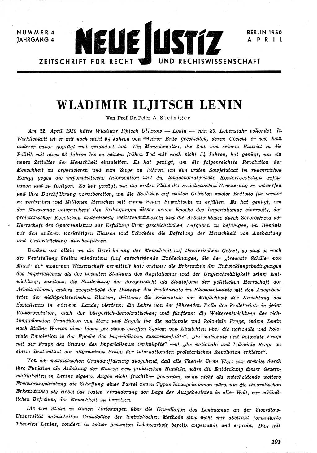 Neue Justiz (NJ), Zeitschrift für Recht und Rechtswissenschaft [Deutsche Demokratische Republik (DDR)], 4. Jahrgang 1950, Seite 101 (NJ DDR 1950, S. 101)