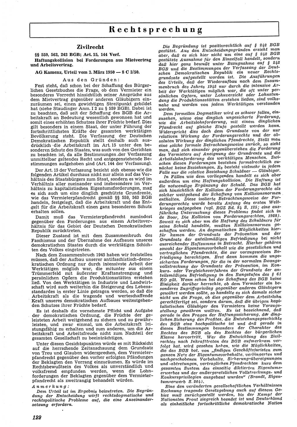 Neue Justiz (NJ), Zeitschrift für Recht und Rechtswissenschaft [Deutsche Demokratische Republik (DDR)], 4. Jahrgang 1950, Seite 122 (NJ DDR 1950, S. 122)