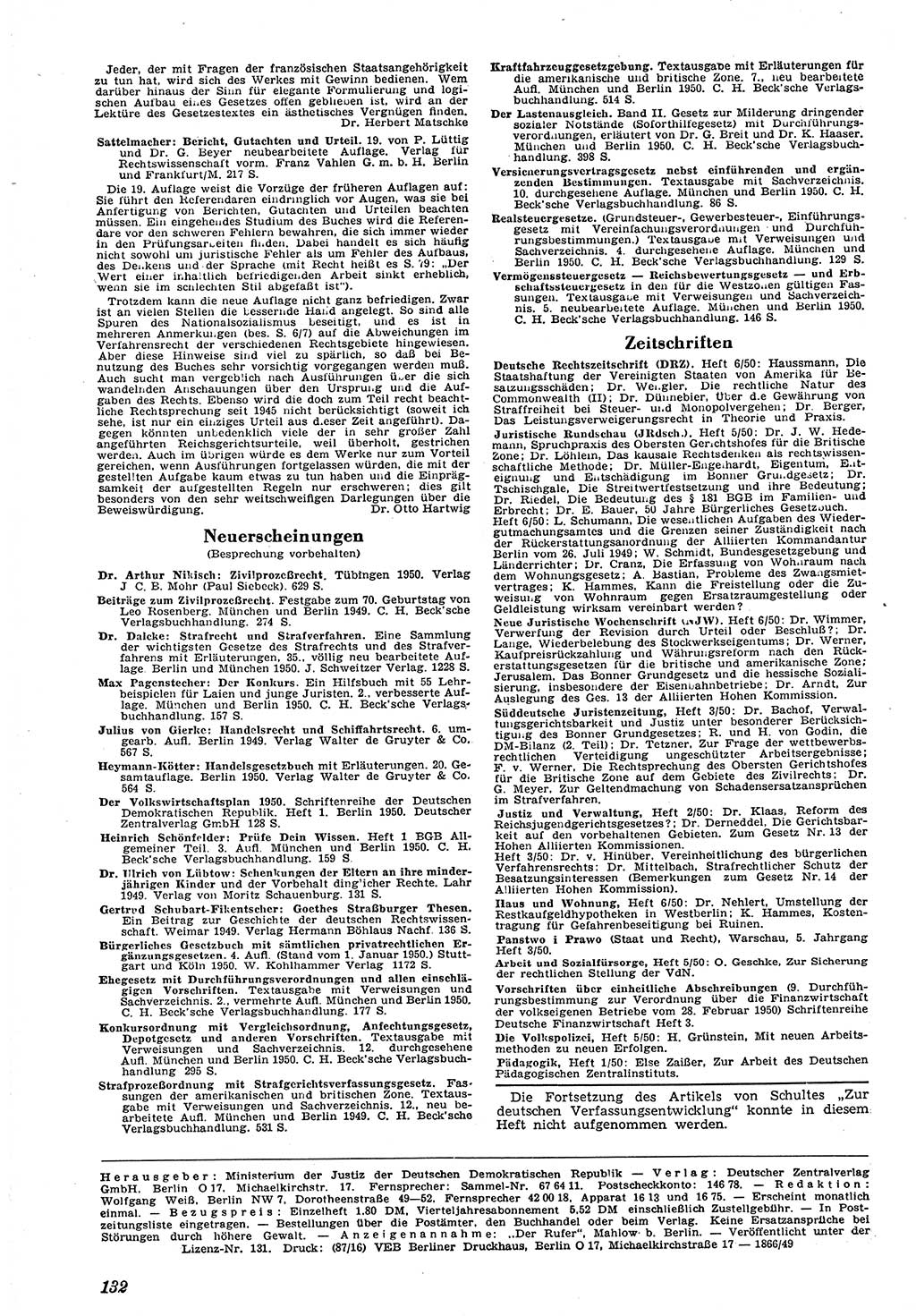 Neue Justiz (NJ), Zeitschrift für Recht und Rechtswissenschaft [Deutsche Demokratische Republik (DDR)], 4. Jahrgang 1950, Seite 132 (NJ DDR 1950, S. 132)