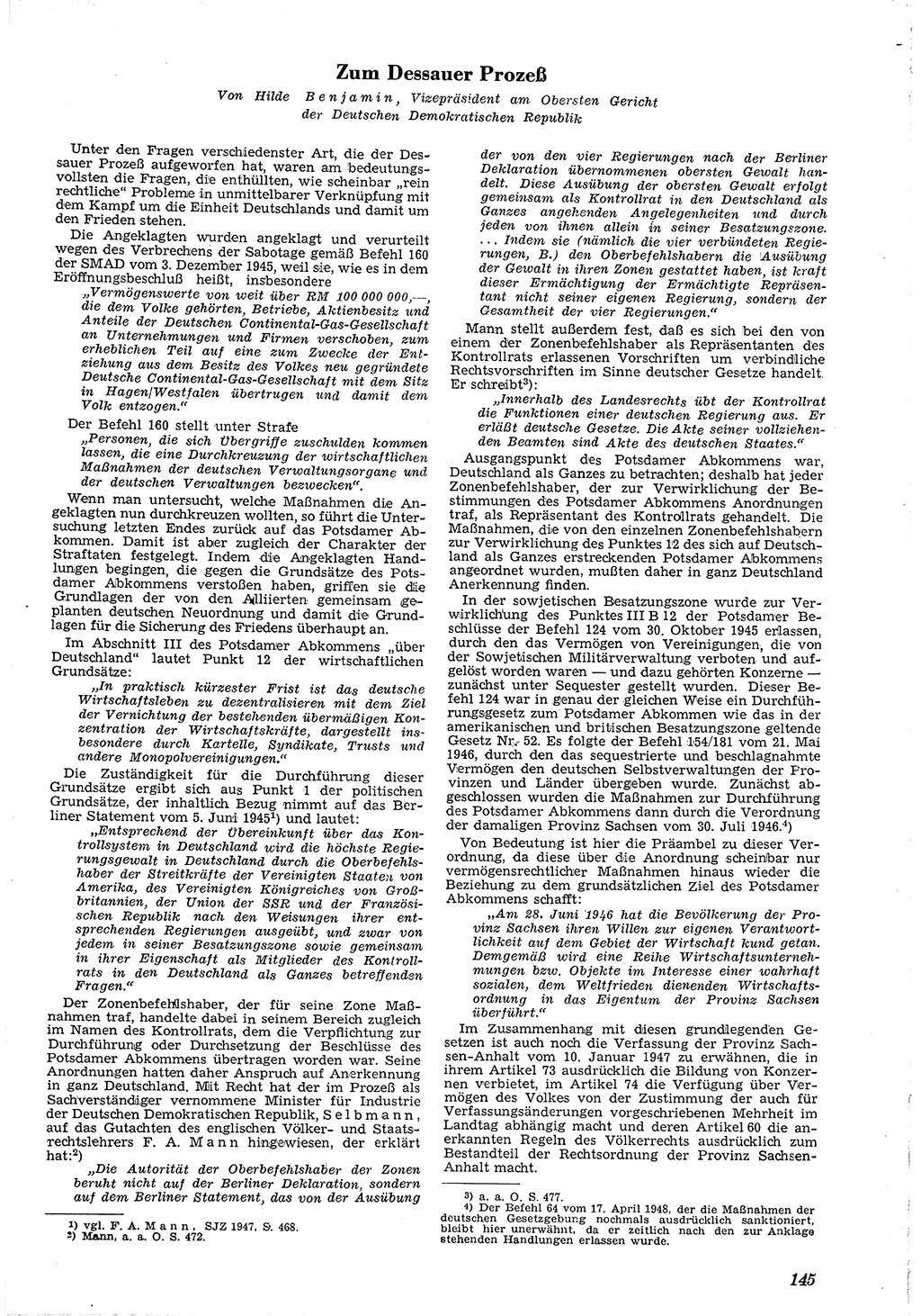 Neue Justiz (NJ), Zeitschrift für Recht und Rechtswissenschaft [Deutsche Demokratische Republik (DDR)], 4. Jahrgang 1950, Seite 145 (NJ DDR 1950, S. 145)