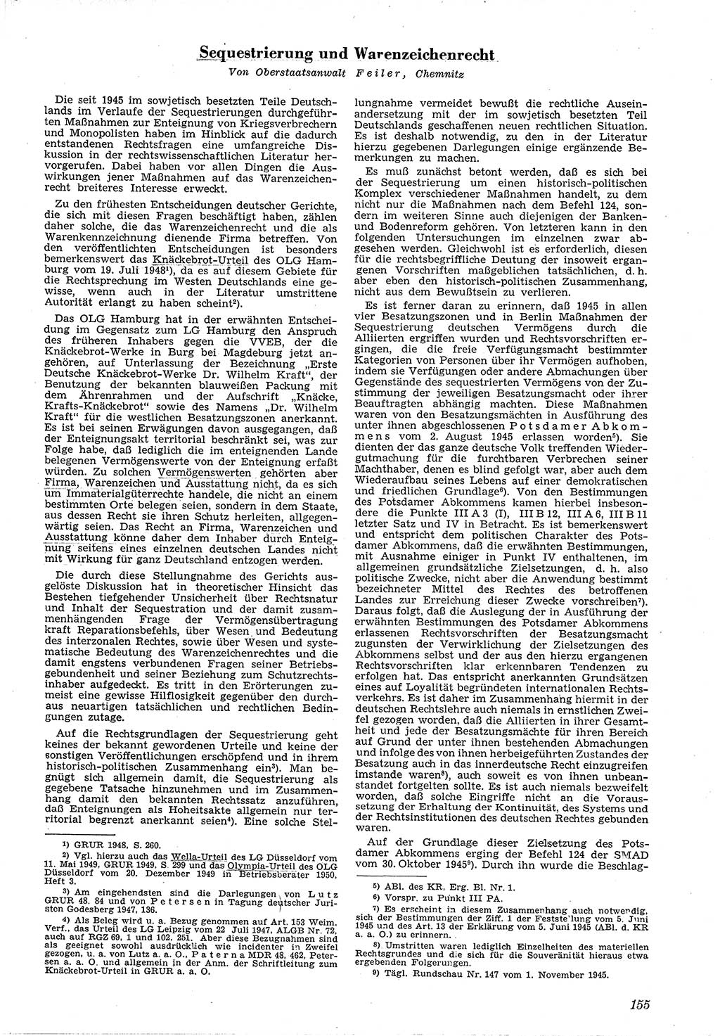 Neue Justiz (NJ), Zeitschrift für Recht und Rechtswissenschaft [Deutsche Demokratische Republik (DDR)], 4. Jahrgang 1950, Seite 155 (NJ DDR 1950, S. 155)