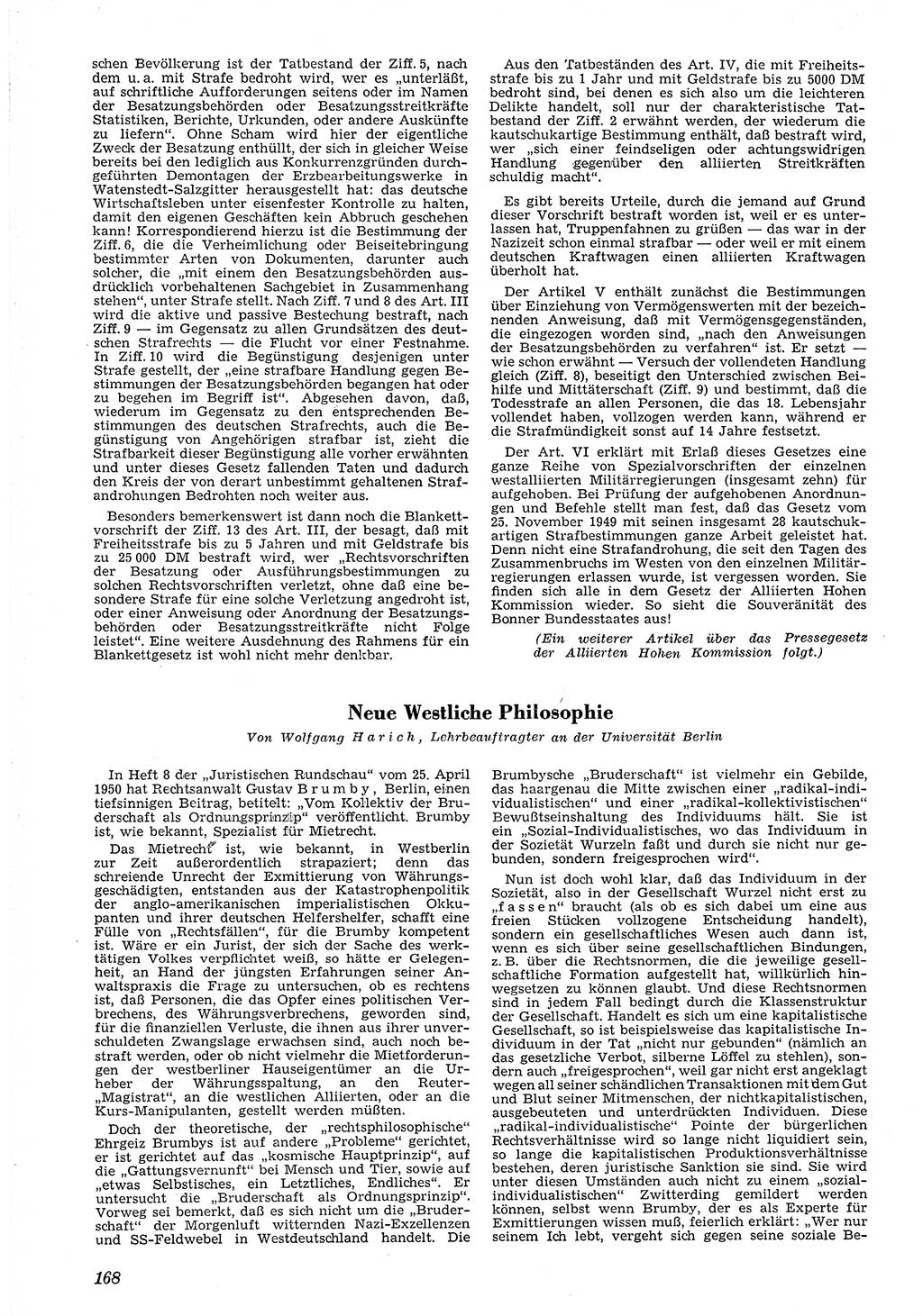Neue Justiz (NJ), Zeitschrift für Recht und Rechtswissenschaft [Deutsche Demokratische Republik (DDR)], 4. Jahrgang 1950, Seite 168 (NJ DDR 1950, S. 168)