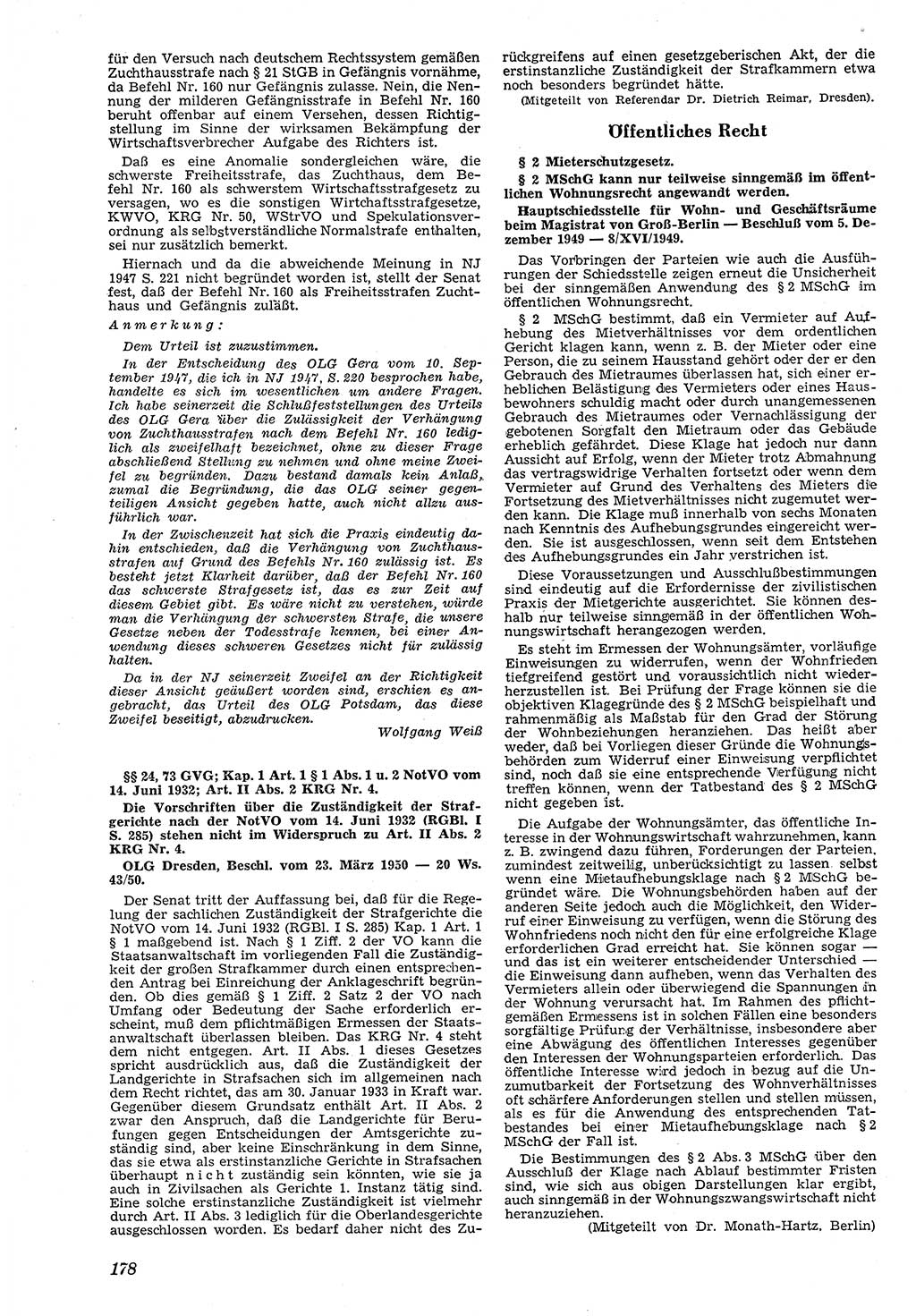 Neue Justiz (NJ), Zeitschrift für Recht und Rechtswissenschaft [Deutsche Demokratische Republik (DDR)], 4. Jahrgang 1950, Seite 178 (NJ DDR 1950, S. 178)