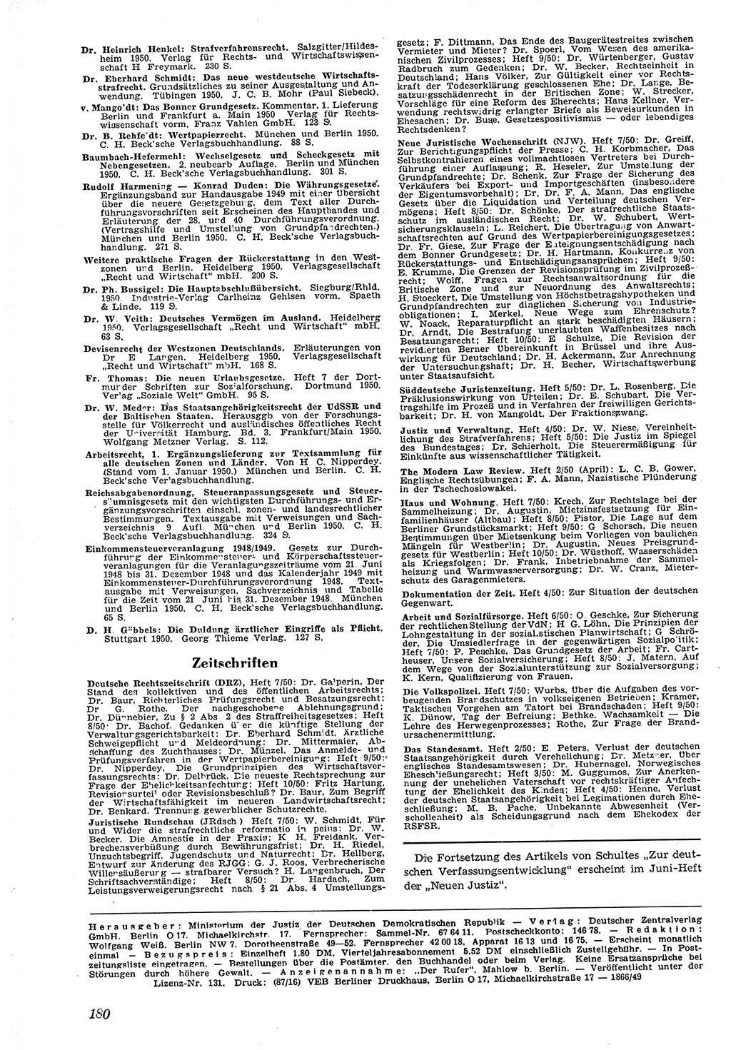 Neue Justiz (NJ), Zeitschrift für Recht und Rechtswissenschaft [Deutsche Demokratische Republik (DDR)], 4. Jahrgang 1950, Seite 180 (NJ DDR 1950, S. 180)