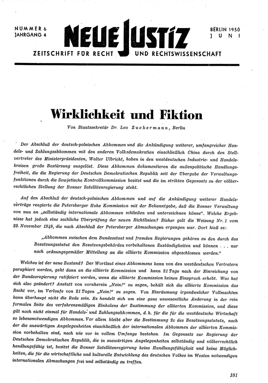 Neue Justiz (NJ), Zeitschrift für Recht und Rechtswissenschaft [Deutsche Demokratische Republik (DDR)], 4. Jahrgang 1950, Seite 181 (NJ DDR 1950, S. 181)